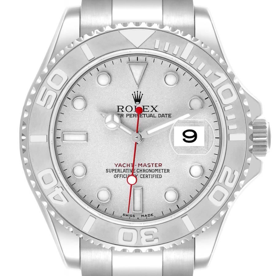 The Rolex Yacht-Master watch is shown from a front angle, displaying the dial, bezel, and part of the bracelet.