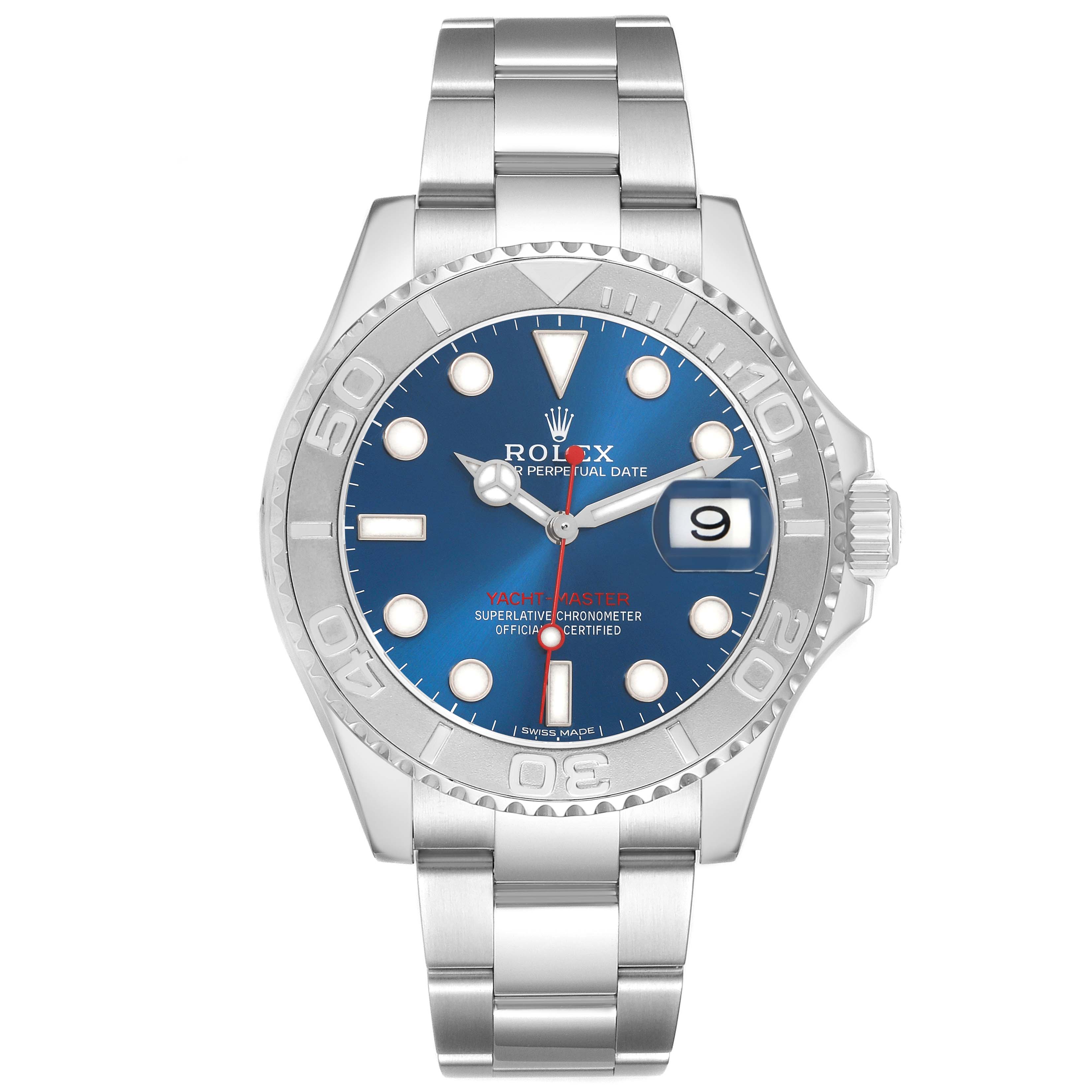 The Rolex Yacht-Master 116622 Men's Stainless Steel Blue Dial is shown from the front, displaying the dial, bezel, and bracelet.