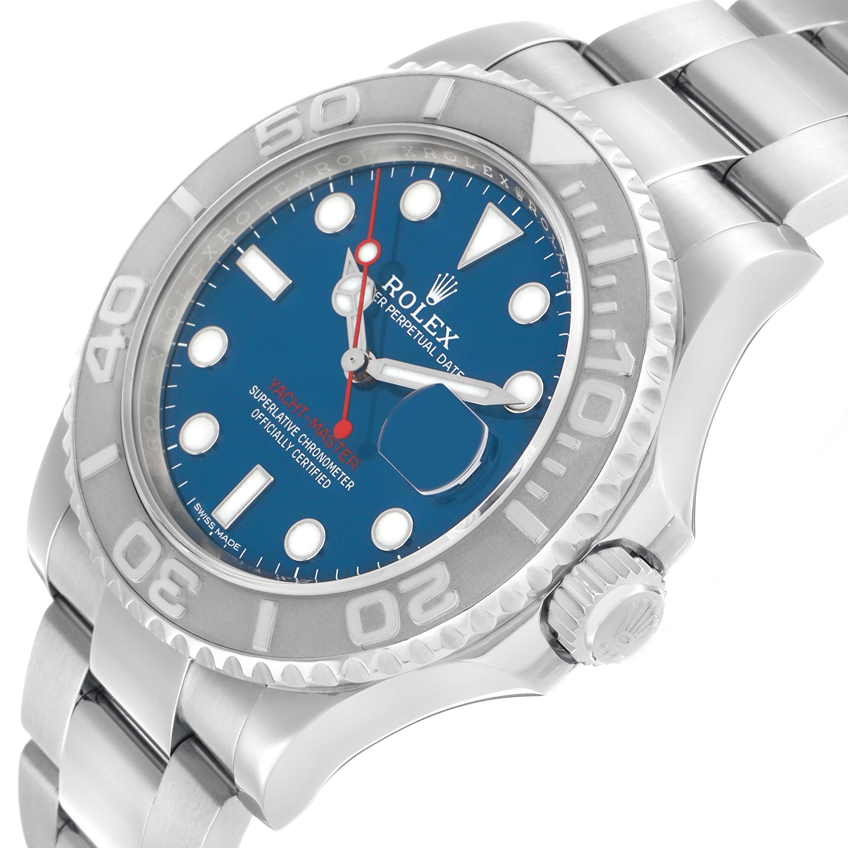 The Rolex Yacht-Master 116622 Men's Stainless Steel Blue Dial watch is shown at a slight angled side view, highlighting the bezel, face, and bracelet.