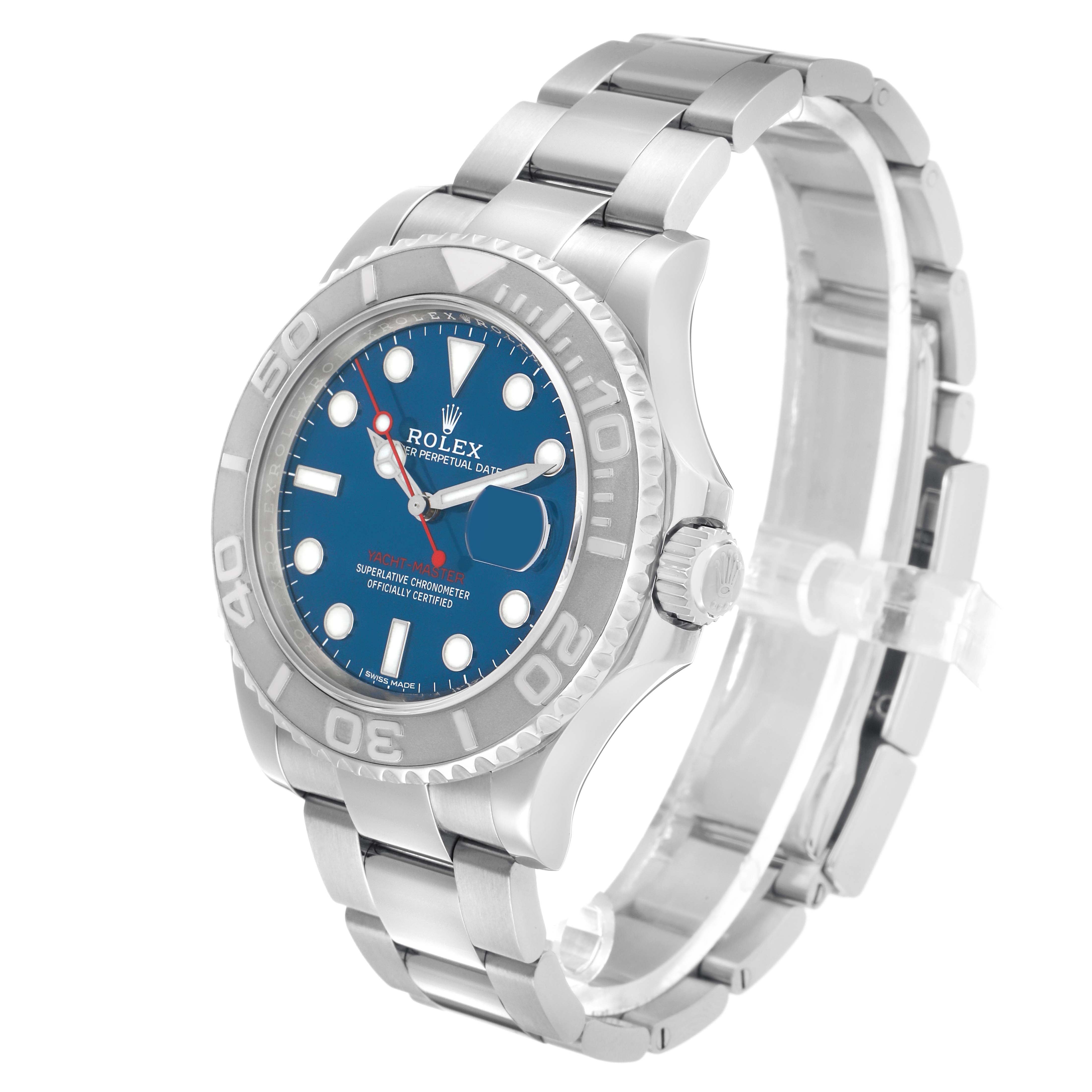 The Rolex Yacht-Master 116622 Men's Stainless Steel Blue Dial watch is shown at an angled side view, highlighting its bezel, dial, crown, and bracelet.