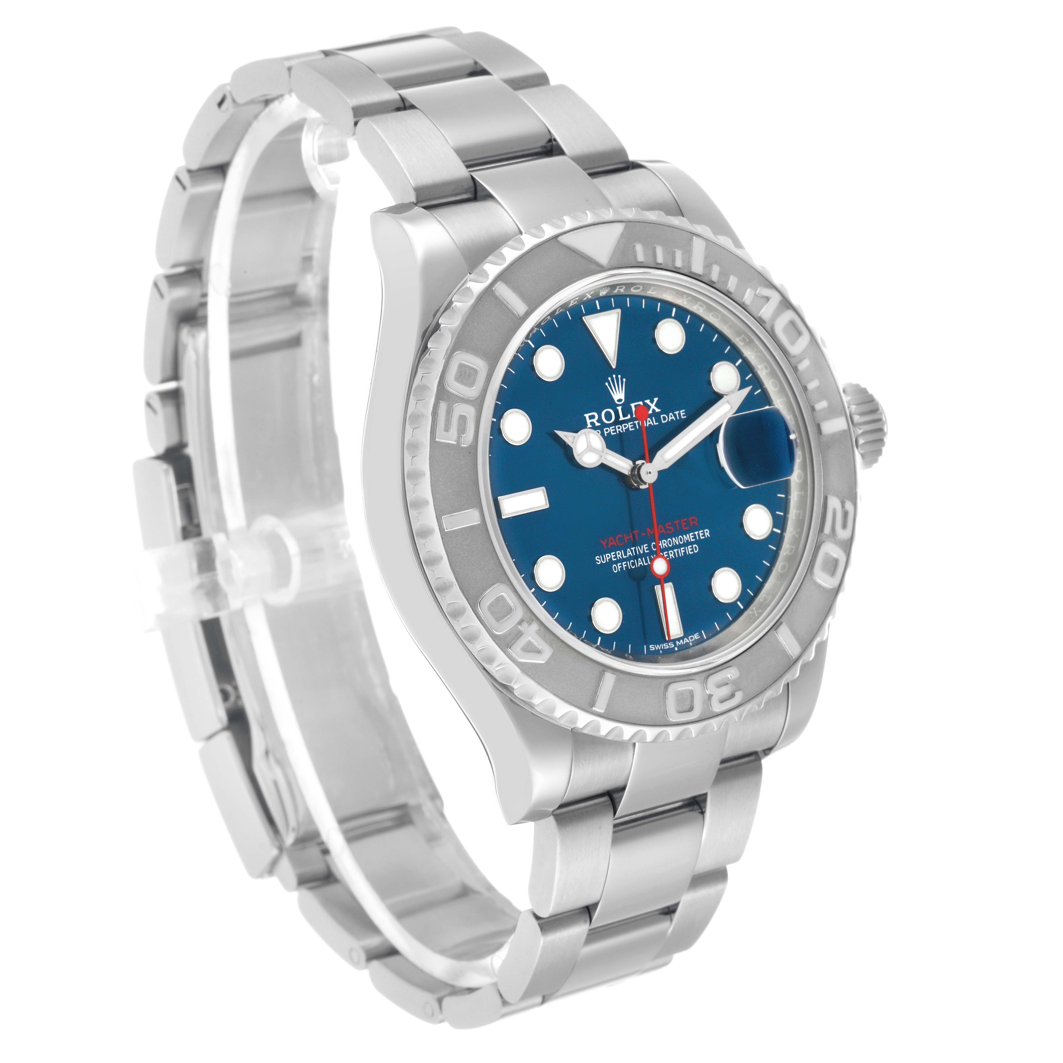 The Rolex Yacht-Master 116622 Men's Stainless Steel Blue Dial watch is shown at a three-quarter angle, displaying the face, bezel, and part of the bracelet.