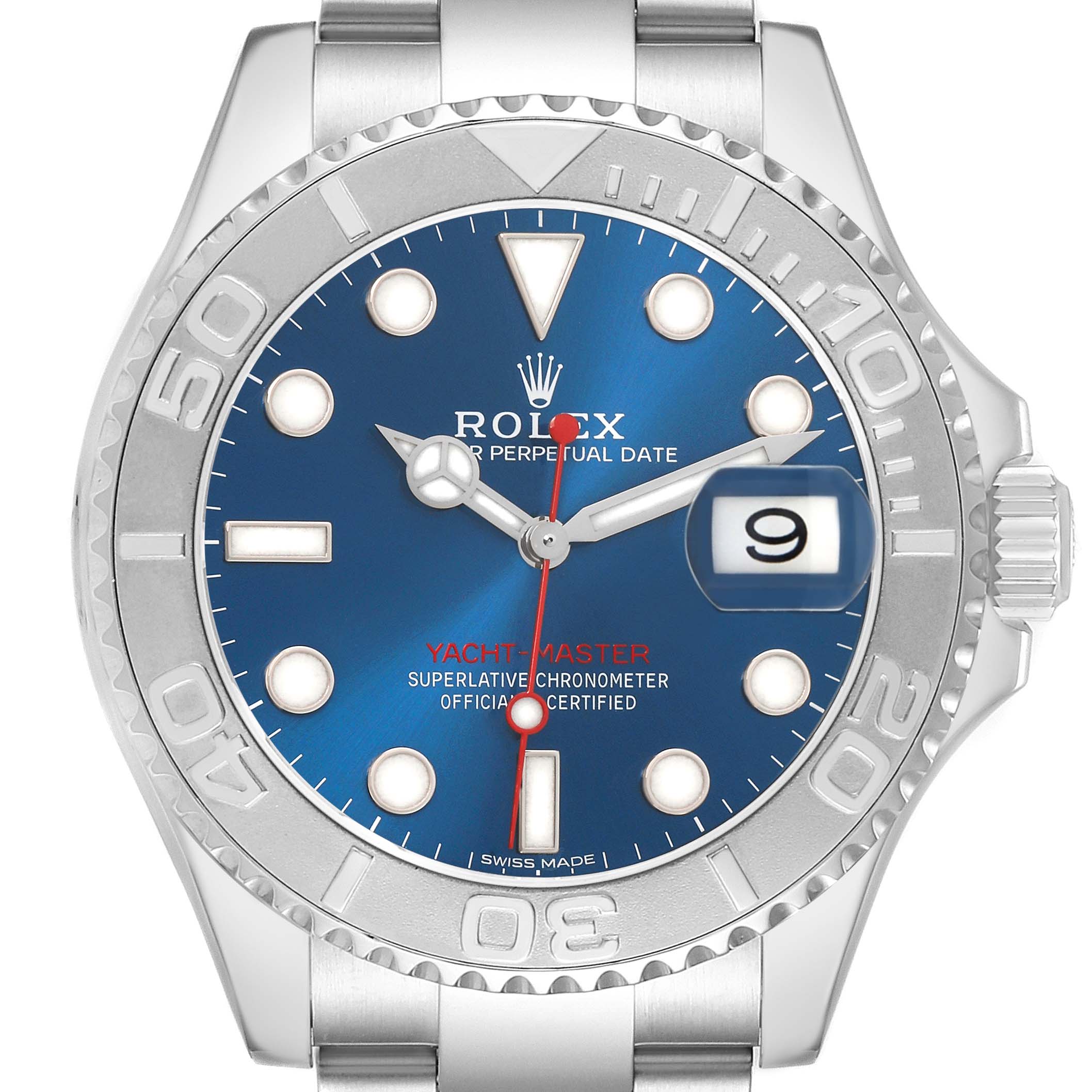 The Rolex Yacht-Master 116622 Men's Stainless Steel Blue Dial watch is shown from a front angle, highlighting the dial, bezel, and part of the bracelet.