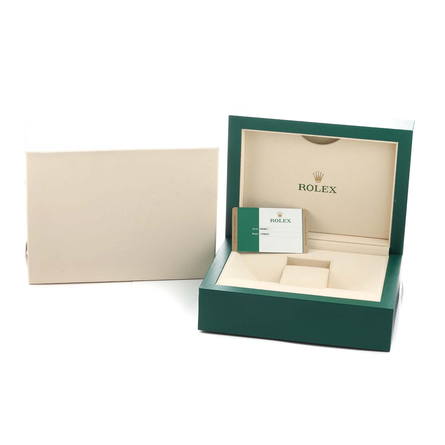 The image shows an open Rolex Yacht-Master 116622 Men's Stainless Steel Blue Dial box from an angle, displaying its interior and accompanying card.