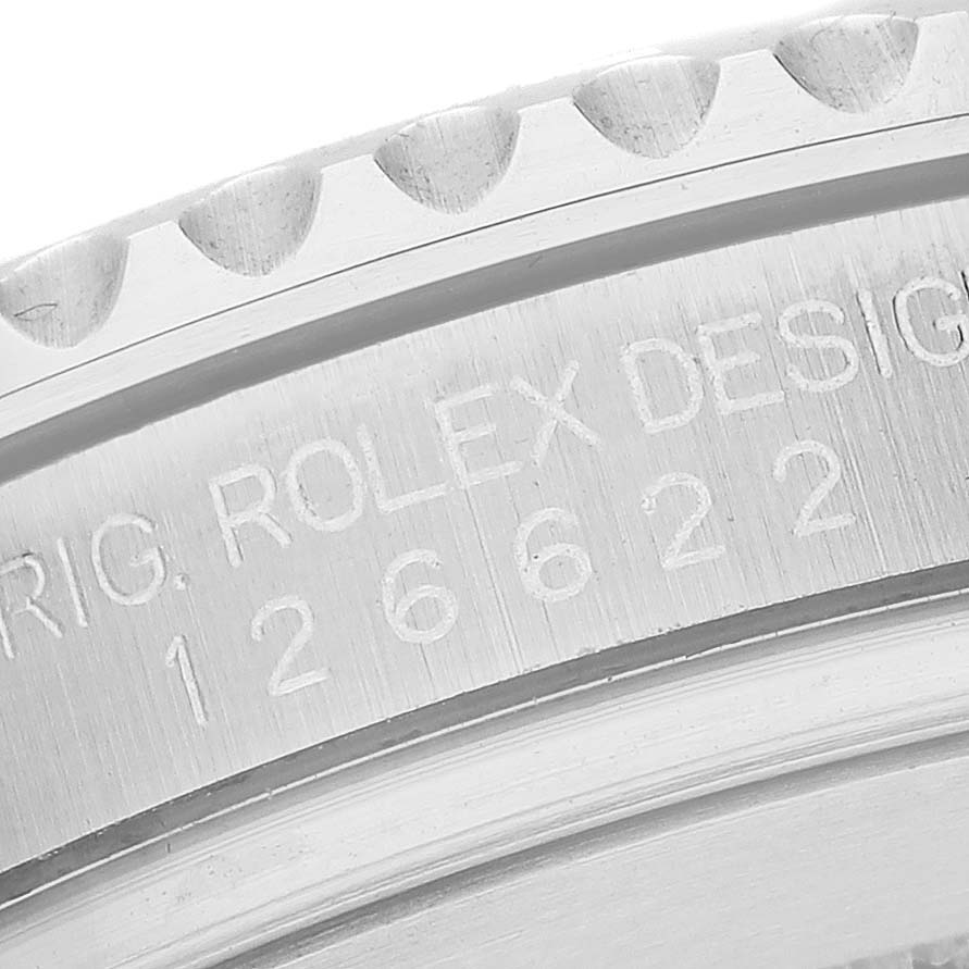 The image shows a close-up of the bezel edge and engraved serial number of a Rolex Yacht-Master 126622 Men's Stainless Steel Grey Dial 126622 Men's Stainless Steel Grey Dial watch.