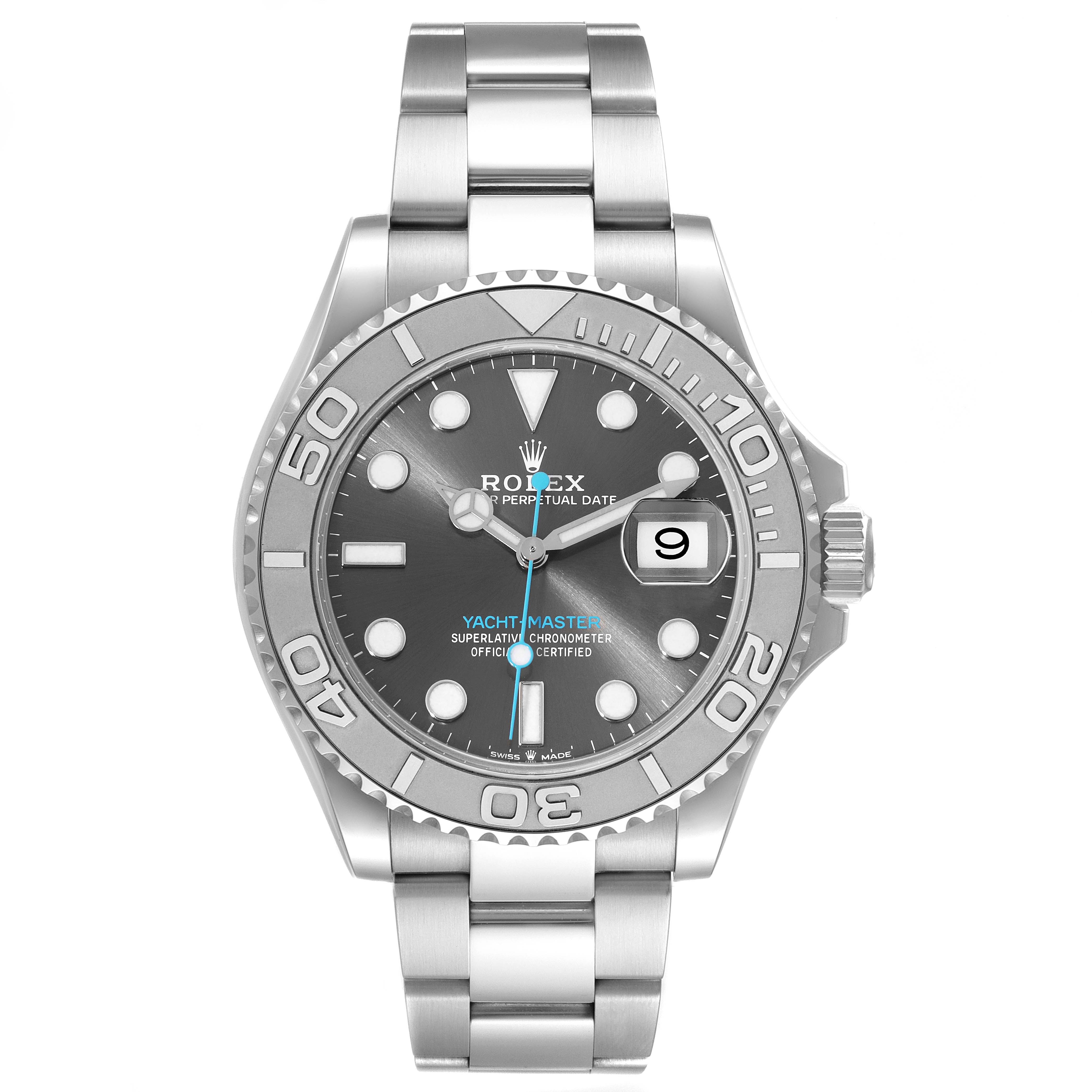 The image shows a front view of the Rolex Yacht-Master 126622 Men's Stainless Steel Grey Dial 126622 Men's Stainless Steel Grey Dial watch, displaying its dial, bezel, and bracelet.