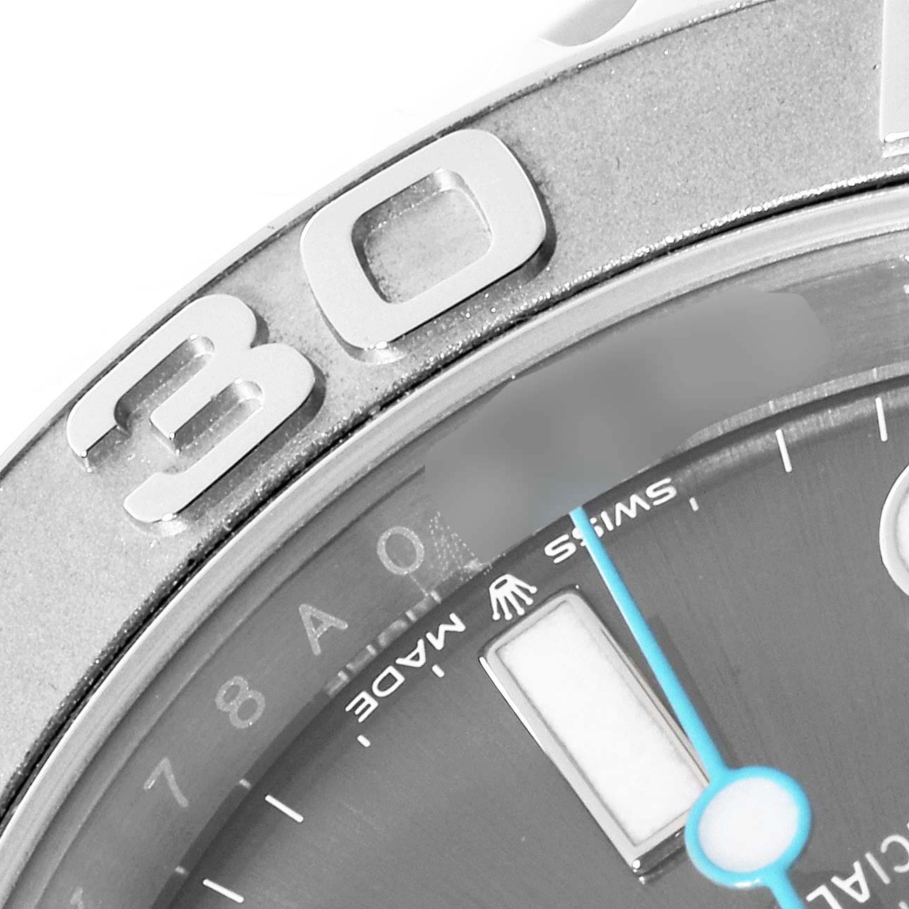 This close-up angle shows the bezel, part of the dial, and the "Swiss Made" text of the Rolex Yacht-Master 126622 Men's Stainless Steel Grey Dial 126622 Men's Stainless Steel Grey Dial watch.