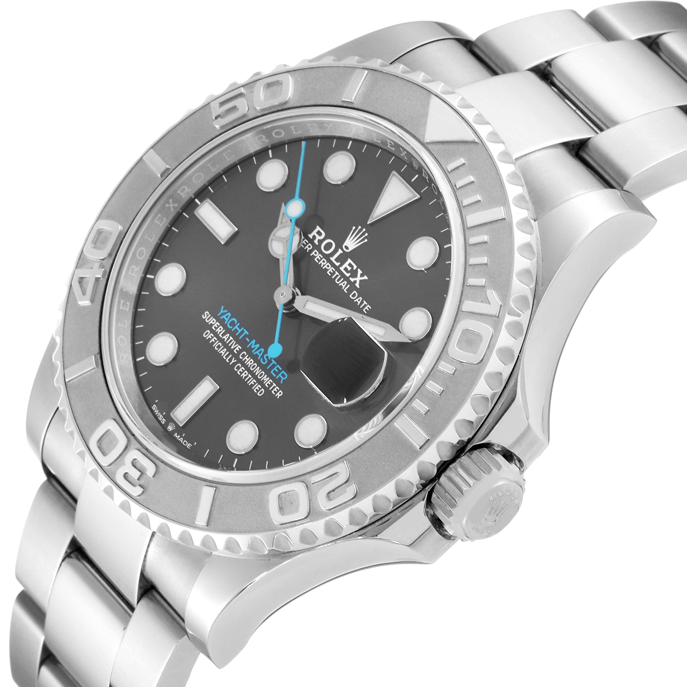 This image shows a close-up of the Rolex Yacht-Master 126622 Men's Stainless Steel Grey Dial 126622 Men's Stainless Steel Grey Dial watch at an angle displaying the dial, bezel, and part of the bracelet.