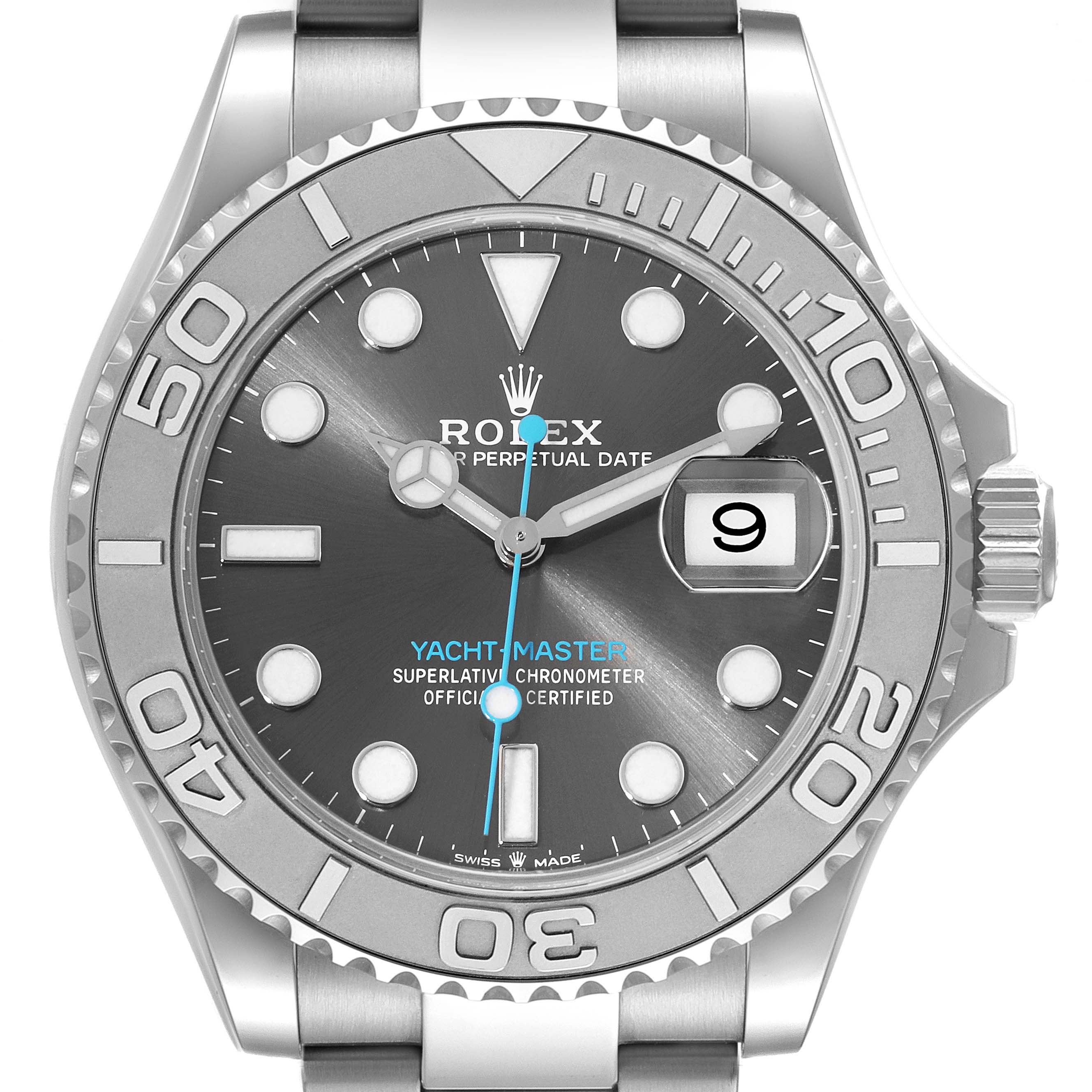 This image shows a front view of the dial, bezel, and part of the bracelet of a Rolex Yacht-Master 126622 Men's Stainless Steel Grey Dial 126622 Men's Stainless Steel Grey Dial watch.