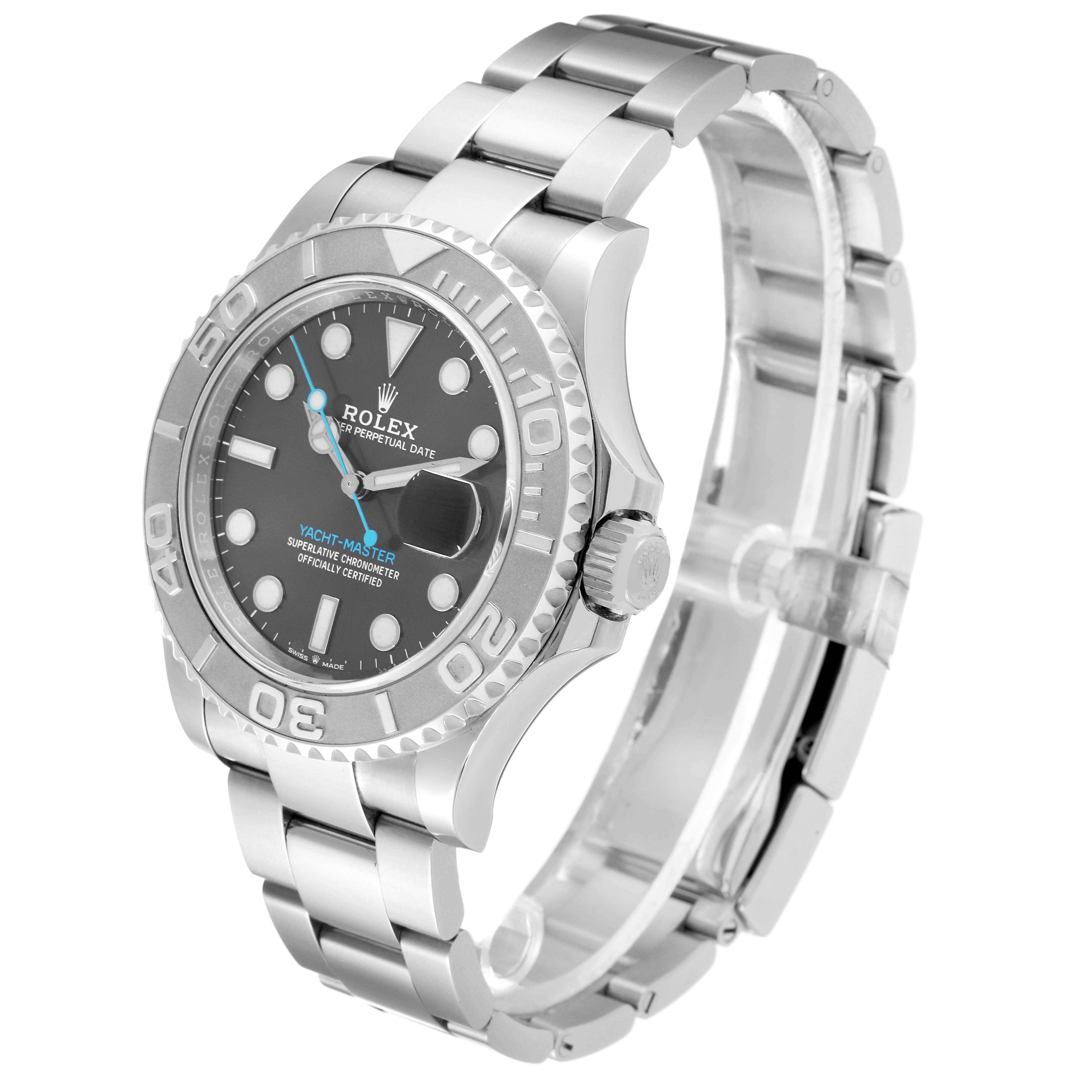 The Rolex Yacht-Master 126622 Men's Stainless Steel Grey Dial 126622 Men's Stainless Steel Grey Dial watch is shown at an oblique angle, displaying the face, bezel, crown, and bracelet.