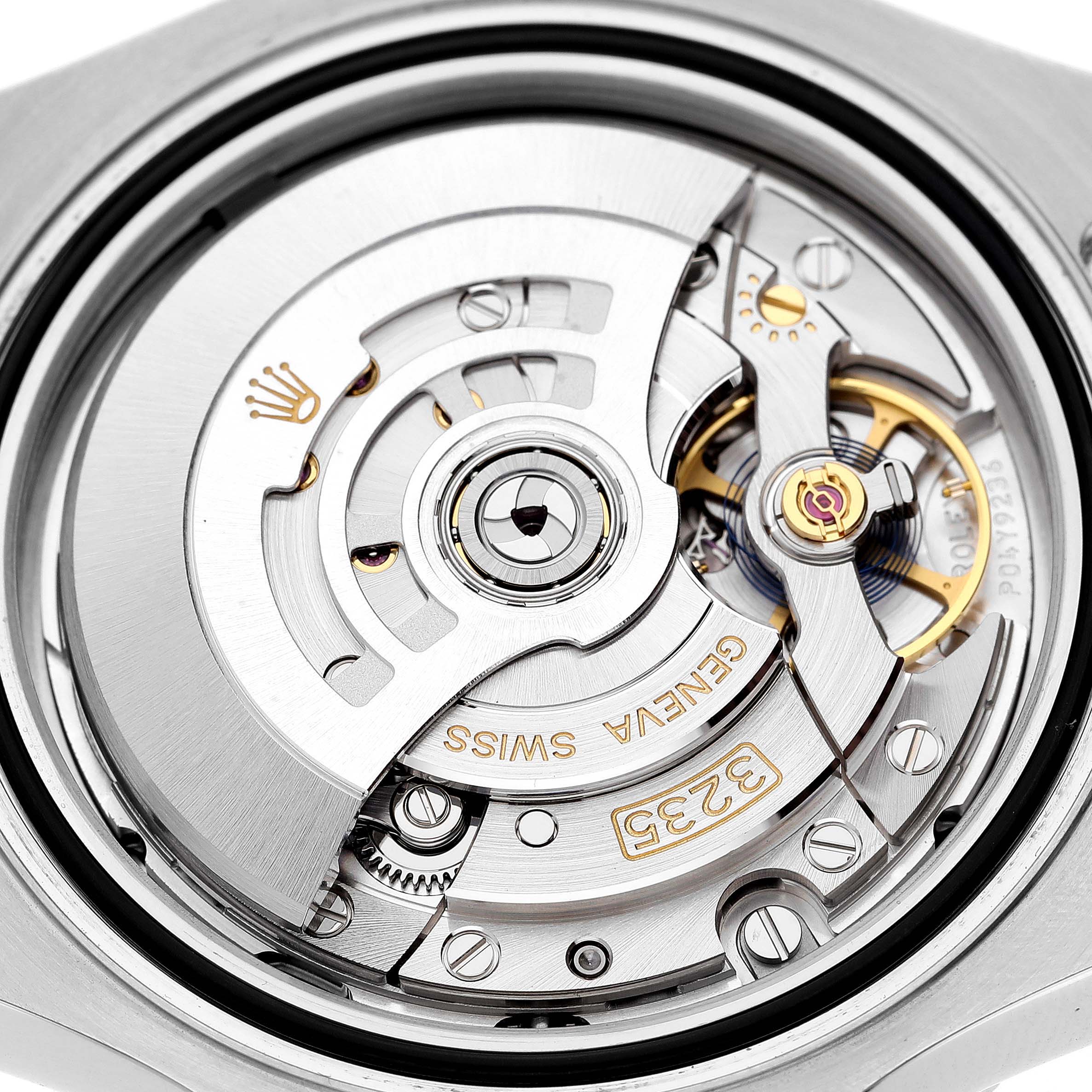 This image shows a close-up view of the movement mechanism of the Rolex Yacht-Master 126622 Men's Stainless Steel Grey Dial 126622 Men's Stainless Steel Grey Dial watch, highlighting its intricate internal parts.