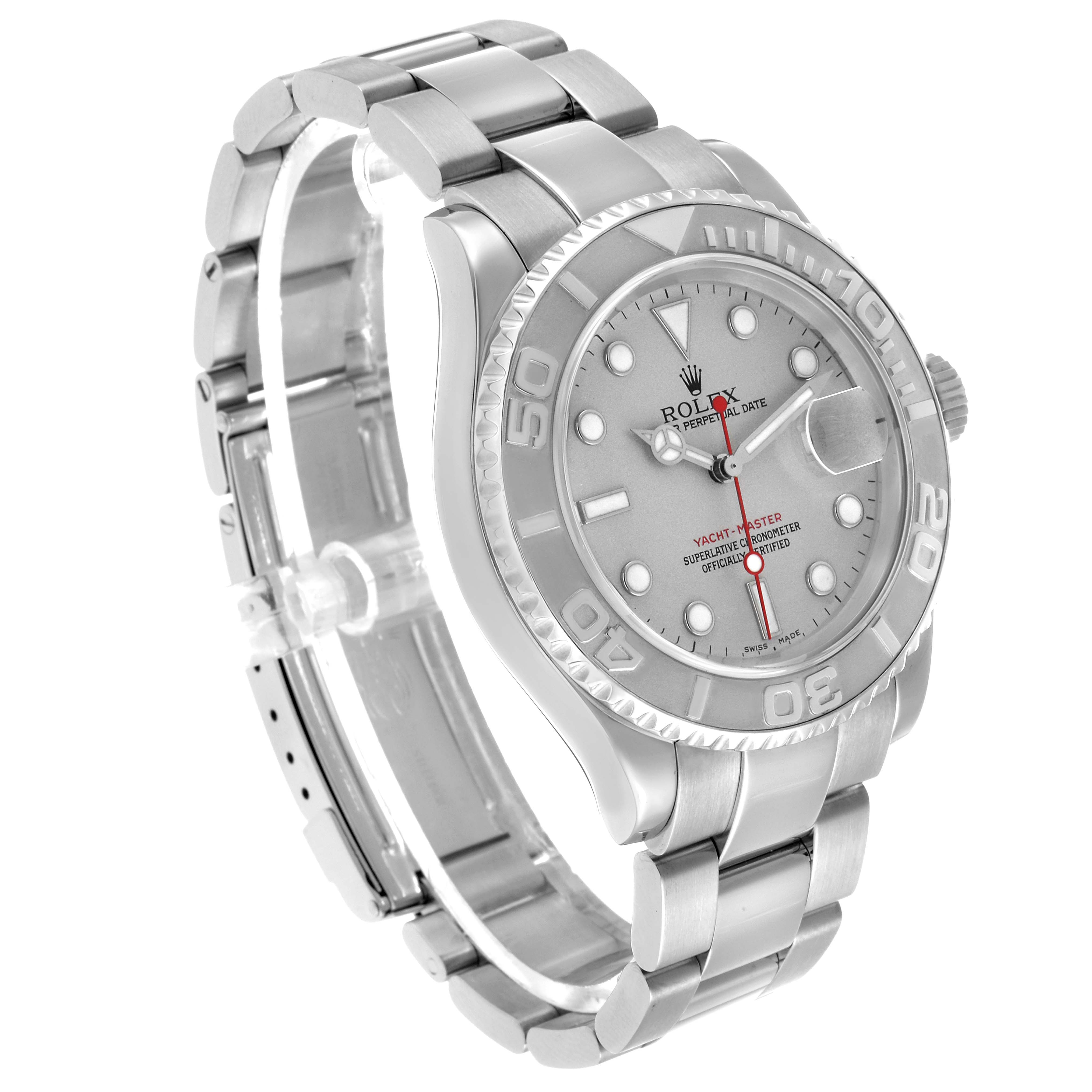 The Rolex Yacht-Master 16622 Men's Stainless Steel Silver Dial watch is shown at a three-quarter angle highlighting the dial, bezel, bracelet, and crown.