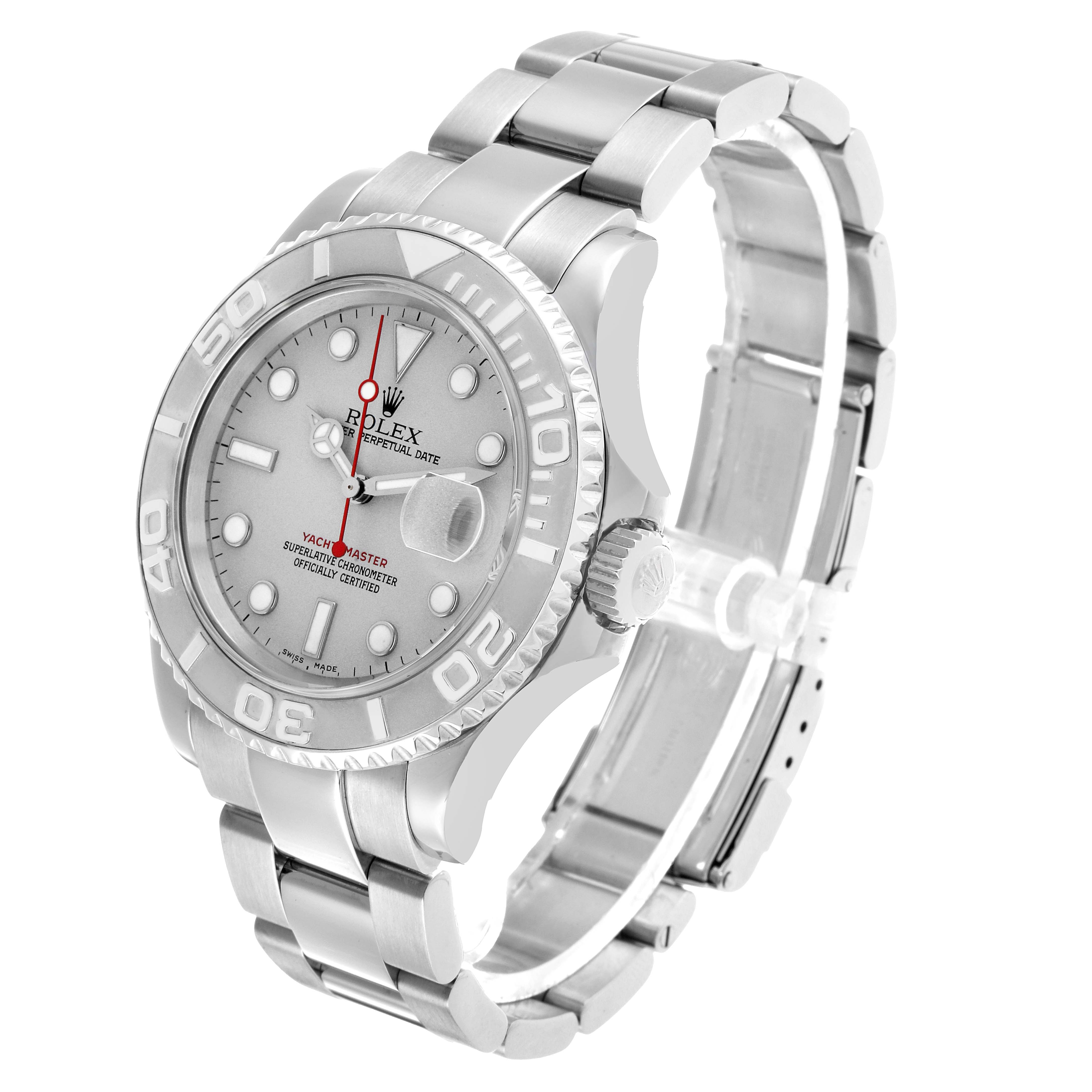 The Rolex Yacht-Master 16622 Men's Stainless Steel Silver Dial watch is shown at a three-quarter angle, highlighting its dial, bezel, and bracelet.