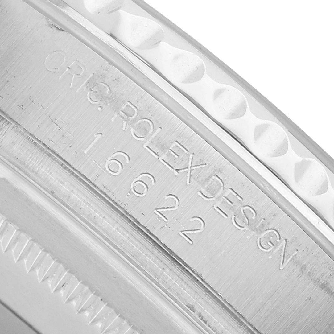 The image shows a close-up of the engraved side of a Rolex Yacht-Master 16622 Men's Stainless Steel Silver Dial, highlighting the model number.