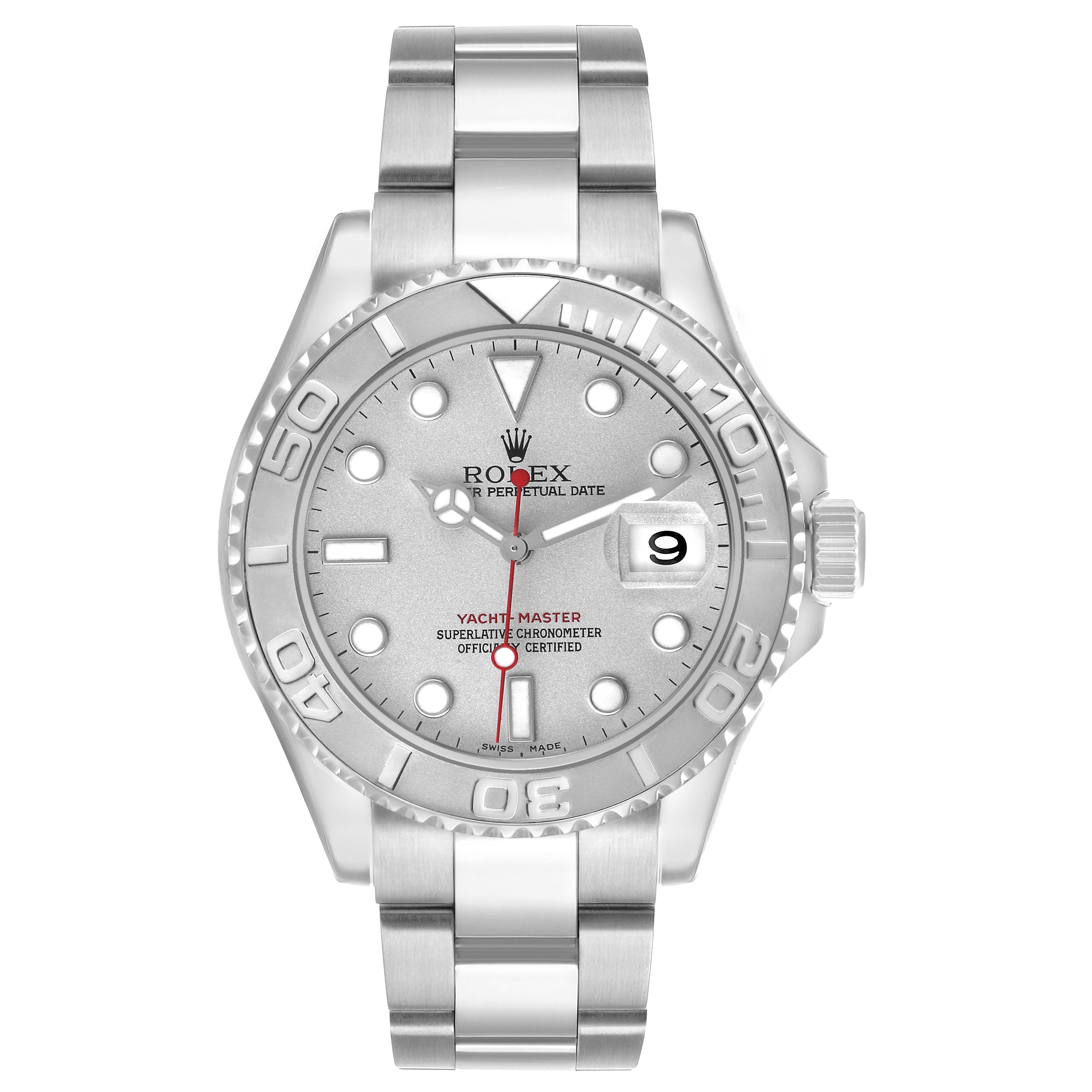 The Rolex Yacht-Master 16622 Men's Stainless Steel Silver Dial watch is shown from the front, displaying its bezel, dial, hands, and bracelet.