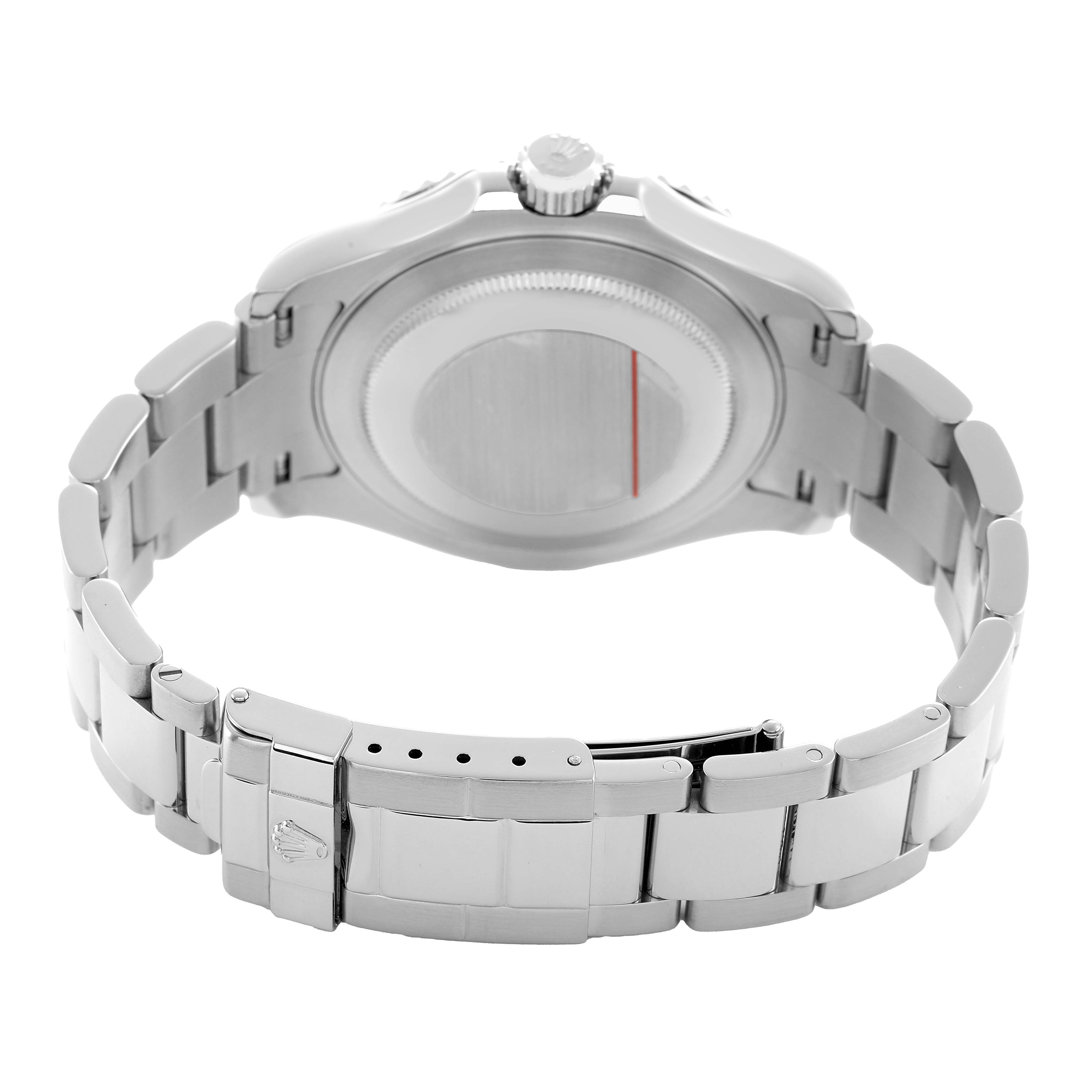 The image shows the back side of a Rolex Yacht-Master 16622 Men's Stainless Steel Silver Dial watch, focusing on the case back and metal bracelet.