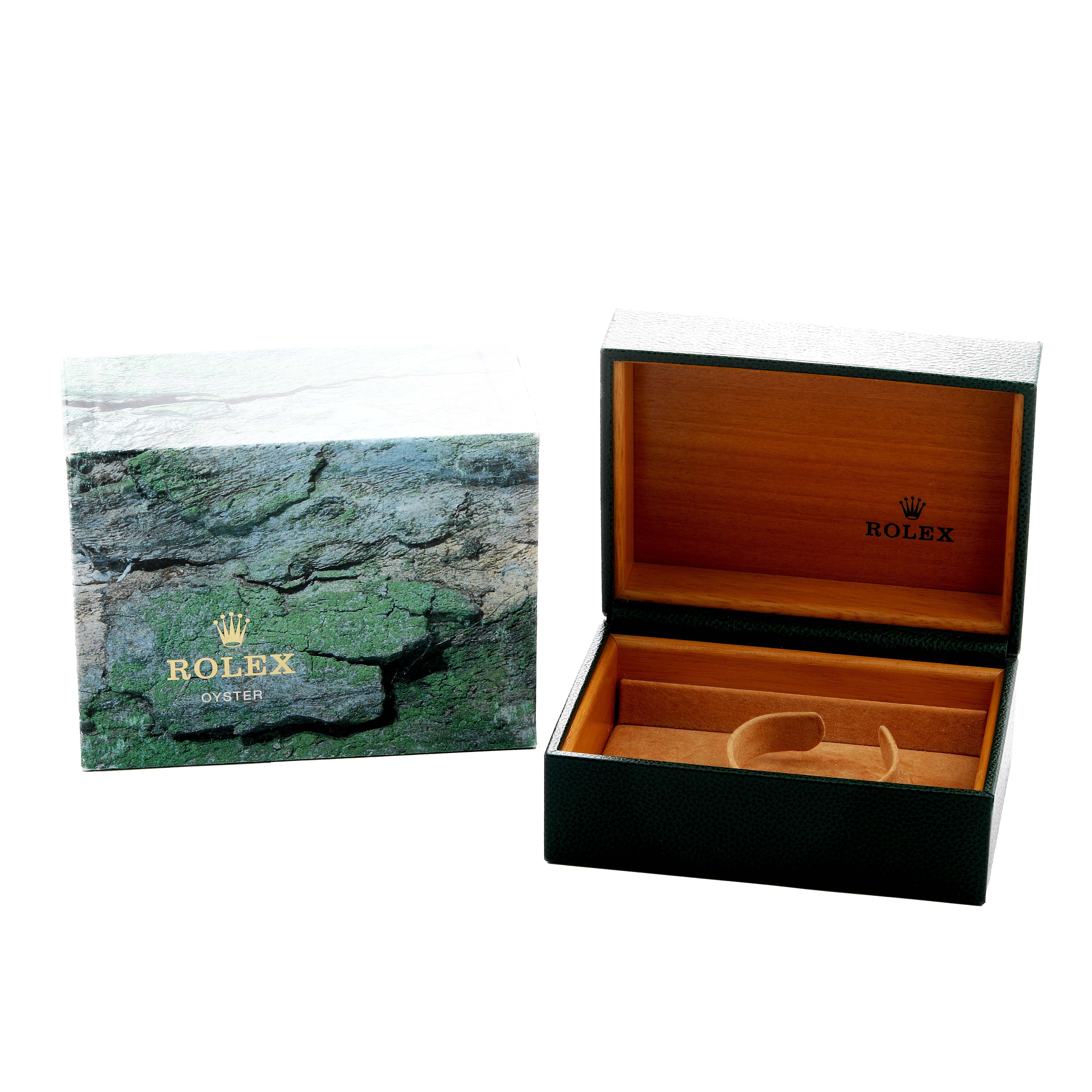 The image shows an open Rolex Yacht-Master 16622 Men's Stainless Steel Silver Dial watch box and its outer packaging from a slightly elevated angle.