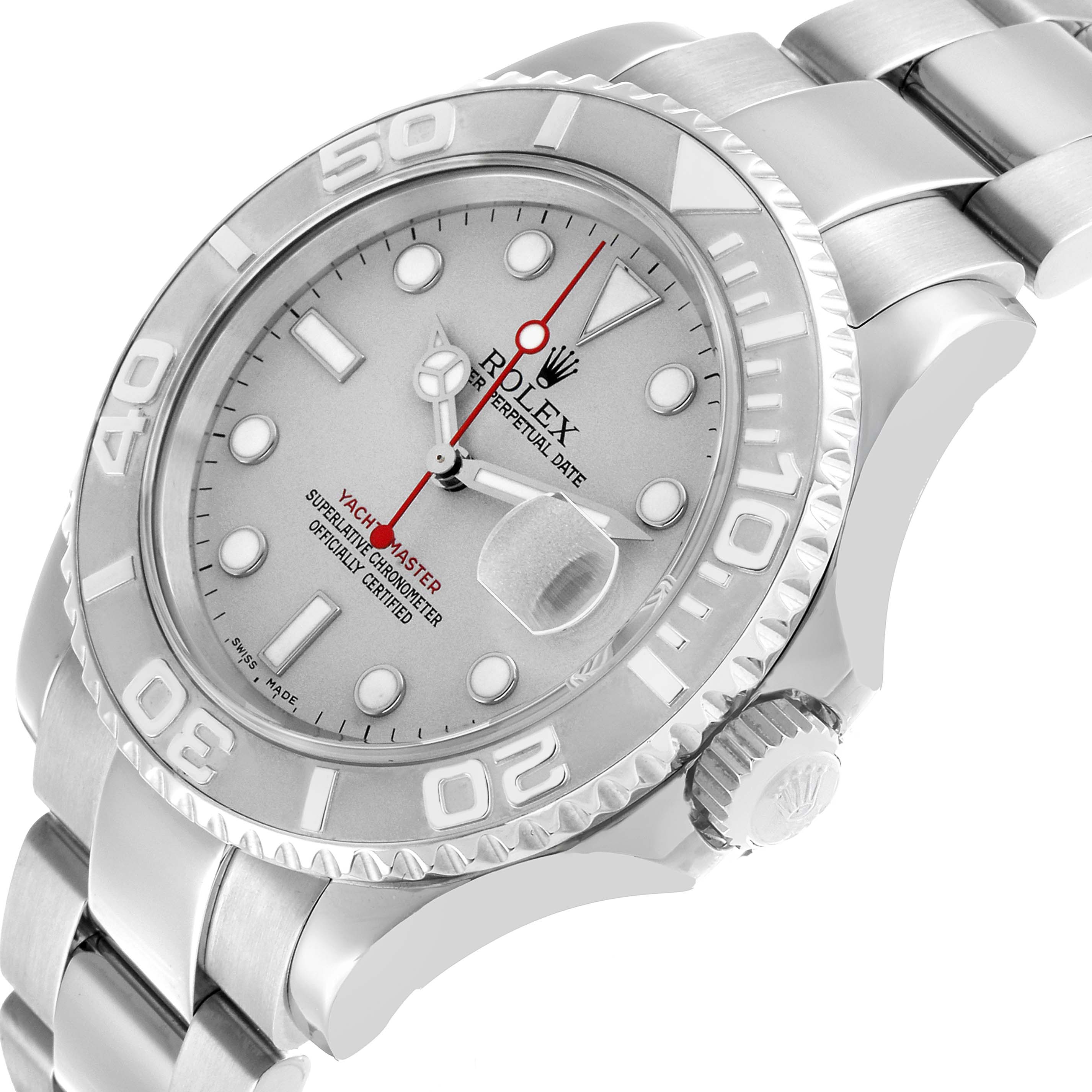 The Rolex Yacht-Master 16622 Men's Stainless Steel Silver Dial watch is shown from a three-quarter view, displaying the dial, bezel, crown, and part of the bracelet.