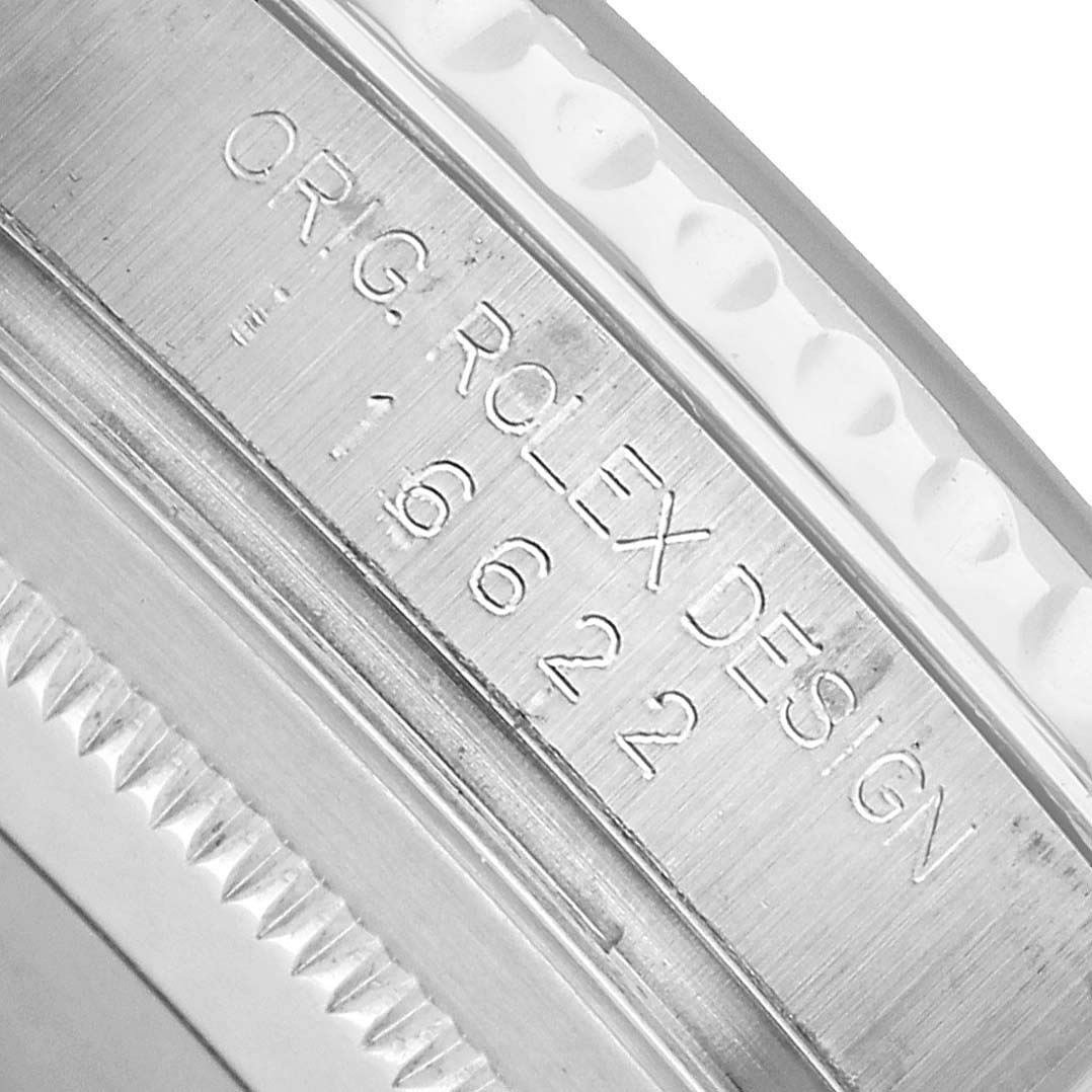 The image shows a close-up of the side engraving on the Rolex Yacht-Master 16622 Men's Stainless Steel Silver Dial, highlighting the model number.