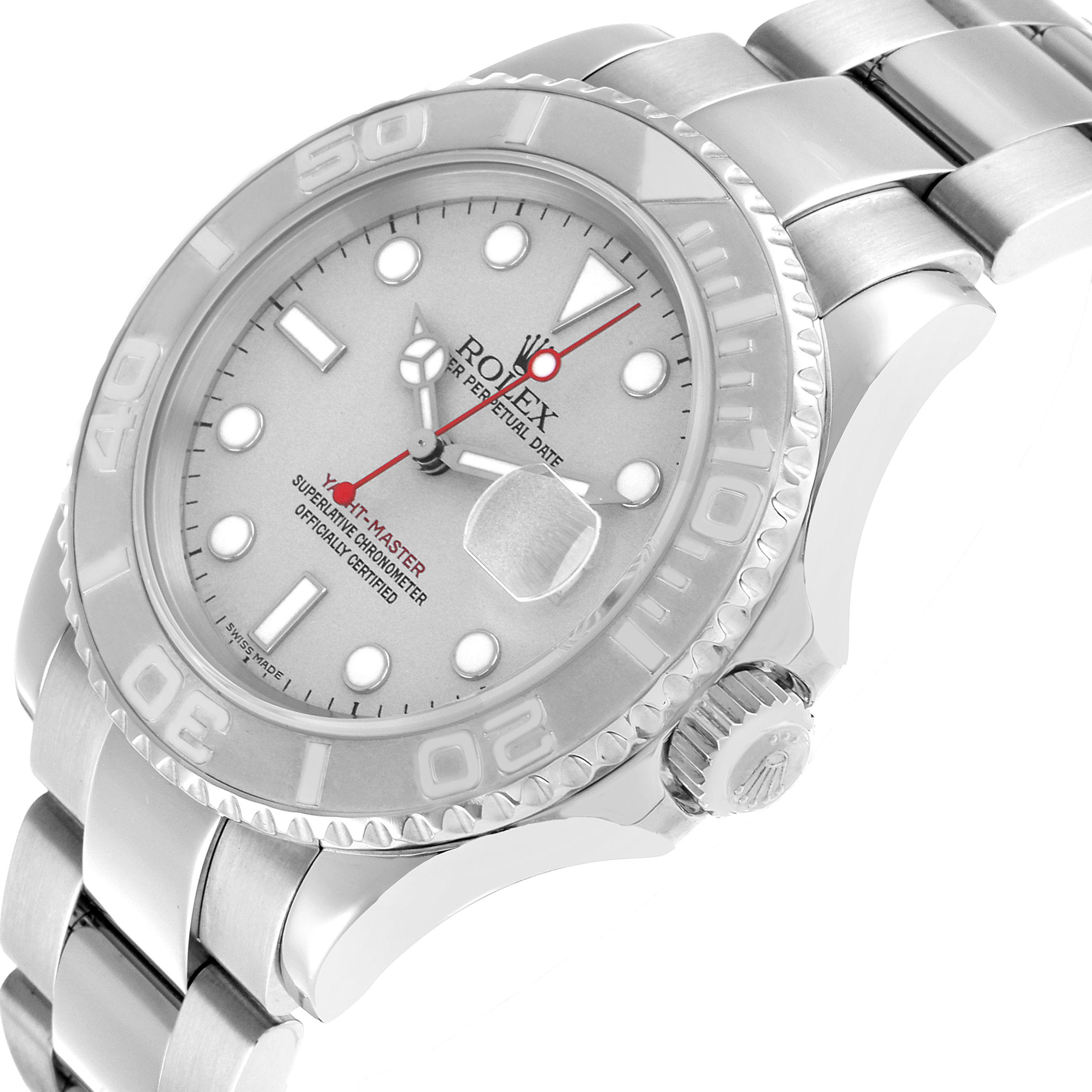 The Rolex Yacht-Master 16622 Men's Stainless Steel Silver Dial watch is shown at a slight angle, highlighting the dial, bezel, bracelet, and crown.