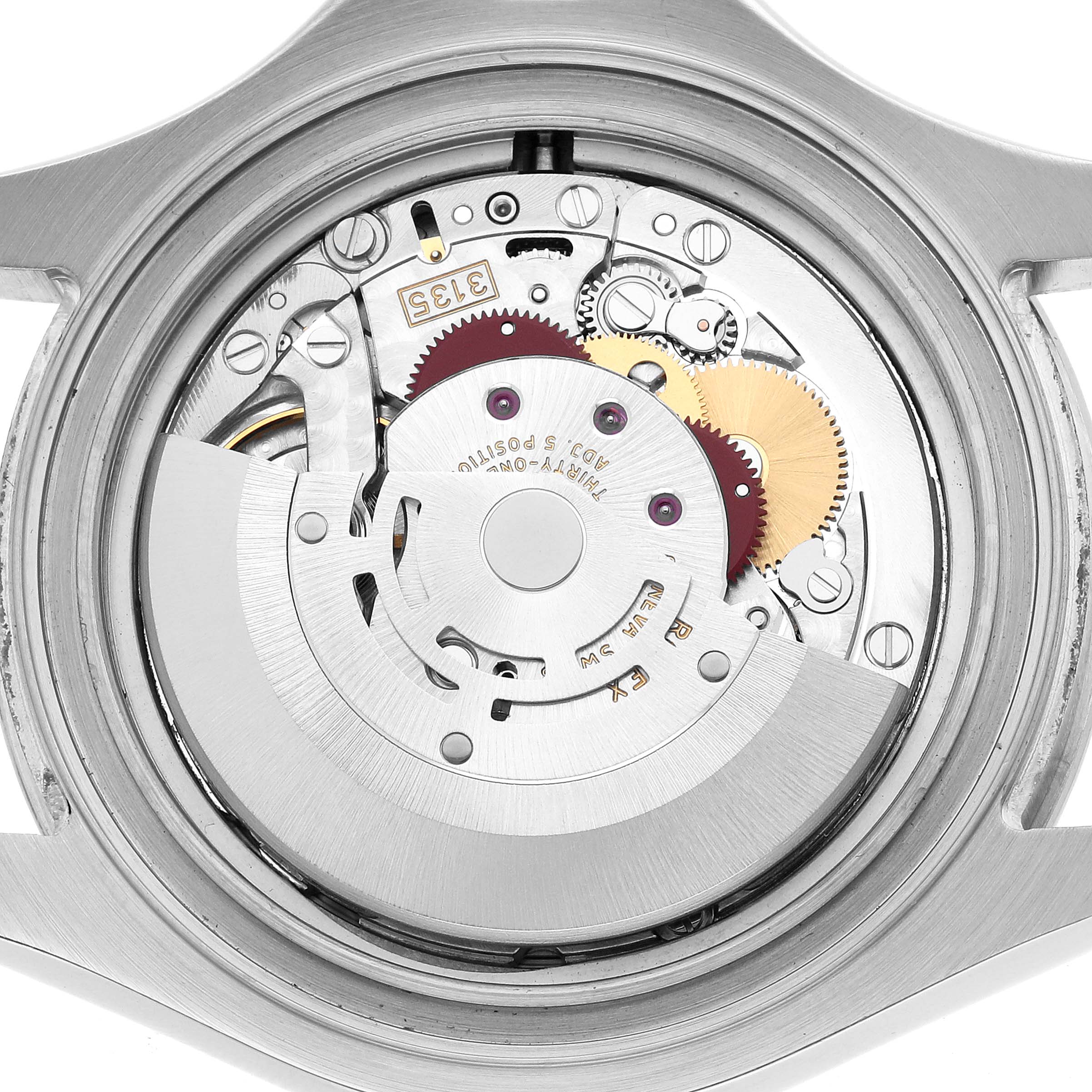 This image shows the internal movement mechanism of the Rolex Yacht-Master 16622 Men's Stainless Steel Silver Dial watch from a back angle.