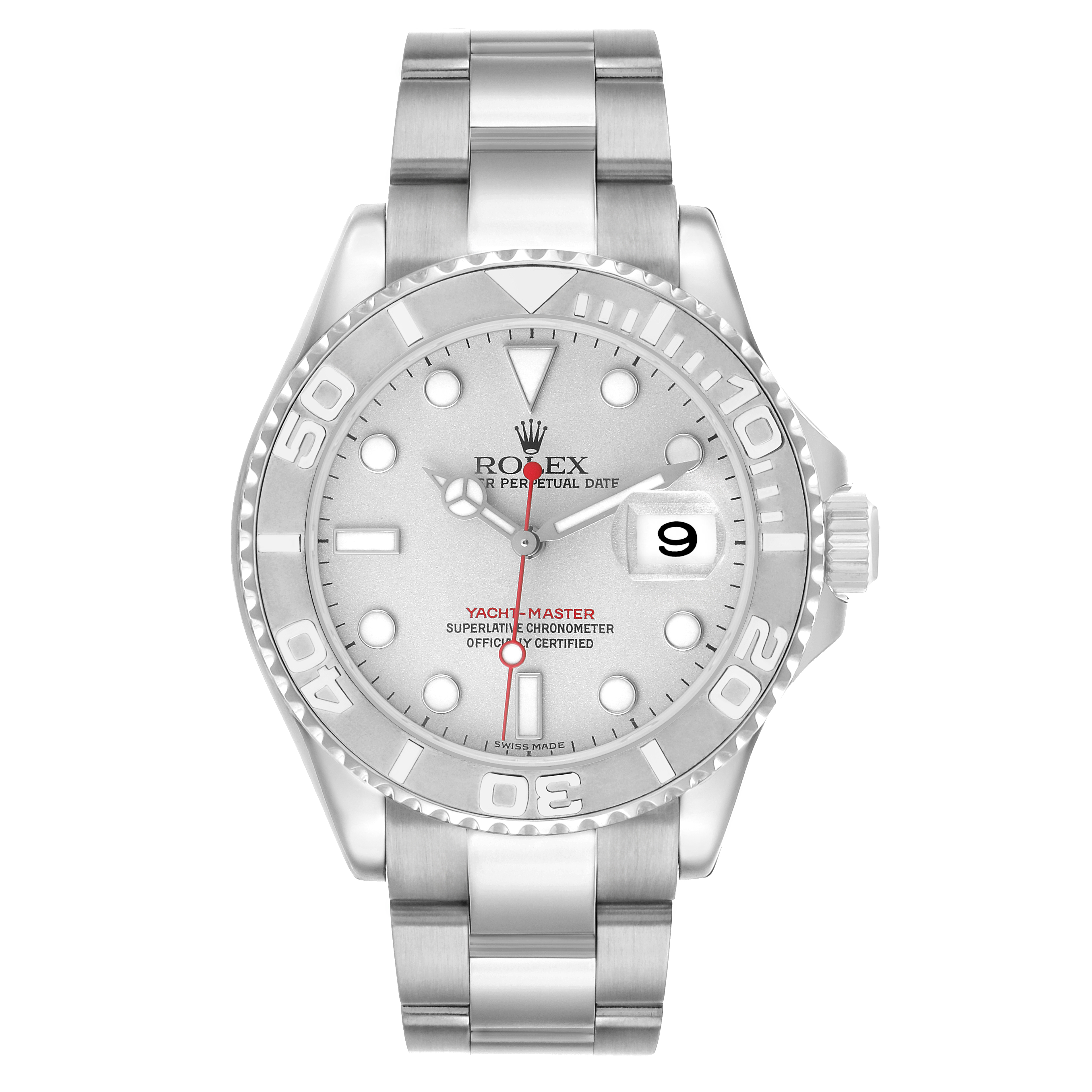 The Rolex Yacht-Master 16622 Men's Stainless Steel Silver Dial watch is shown from the front, displaying the face, bezel, and strap.