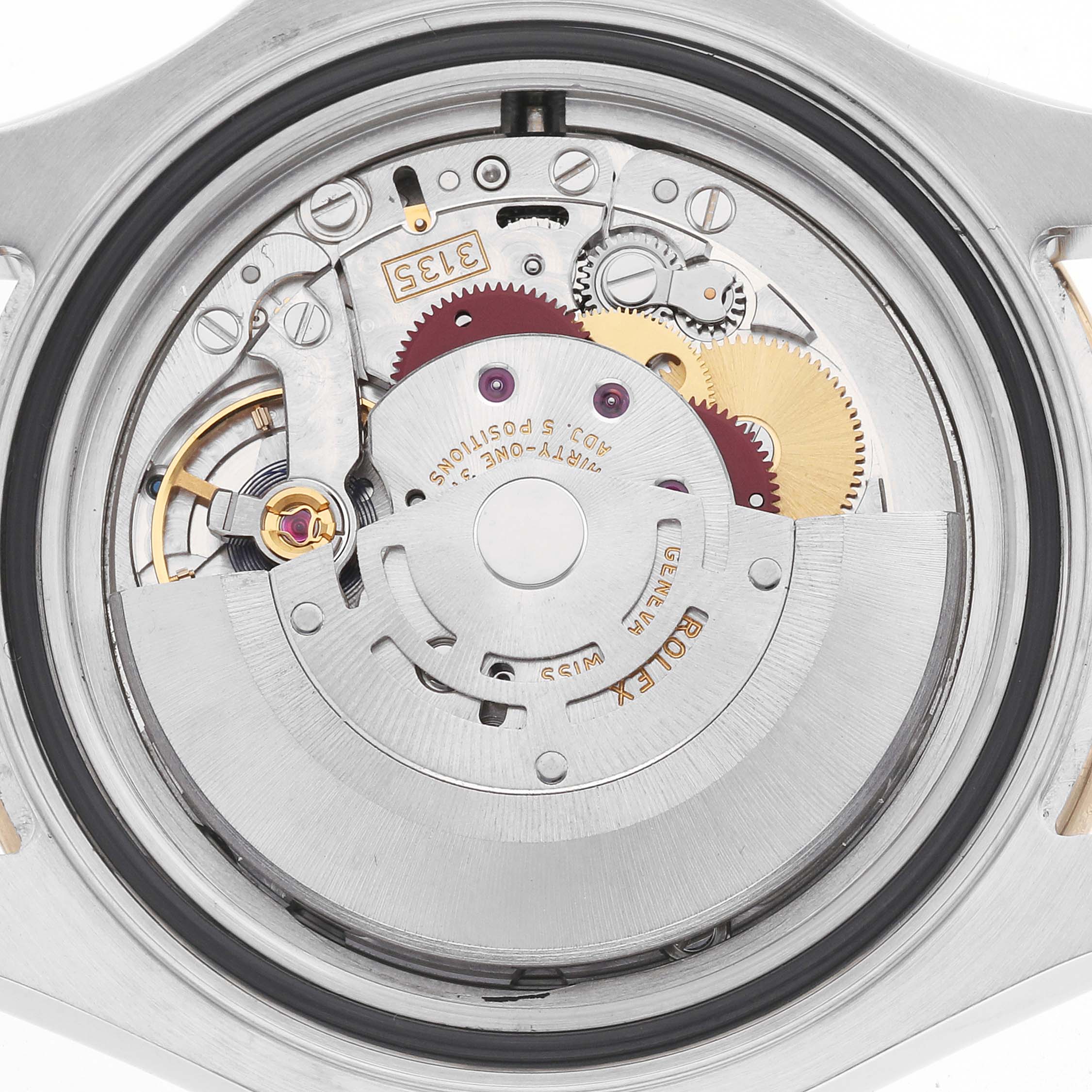 The image shows the movement of a Rolex Yacht-Master 16623 Men's Steel and Gold (two tone) Grey Dial watch viewed from the back, highlighting gears and components.