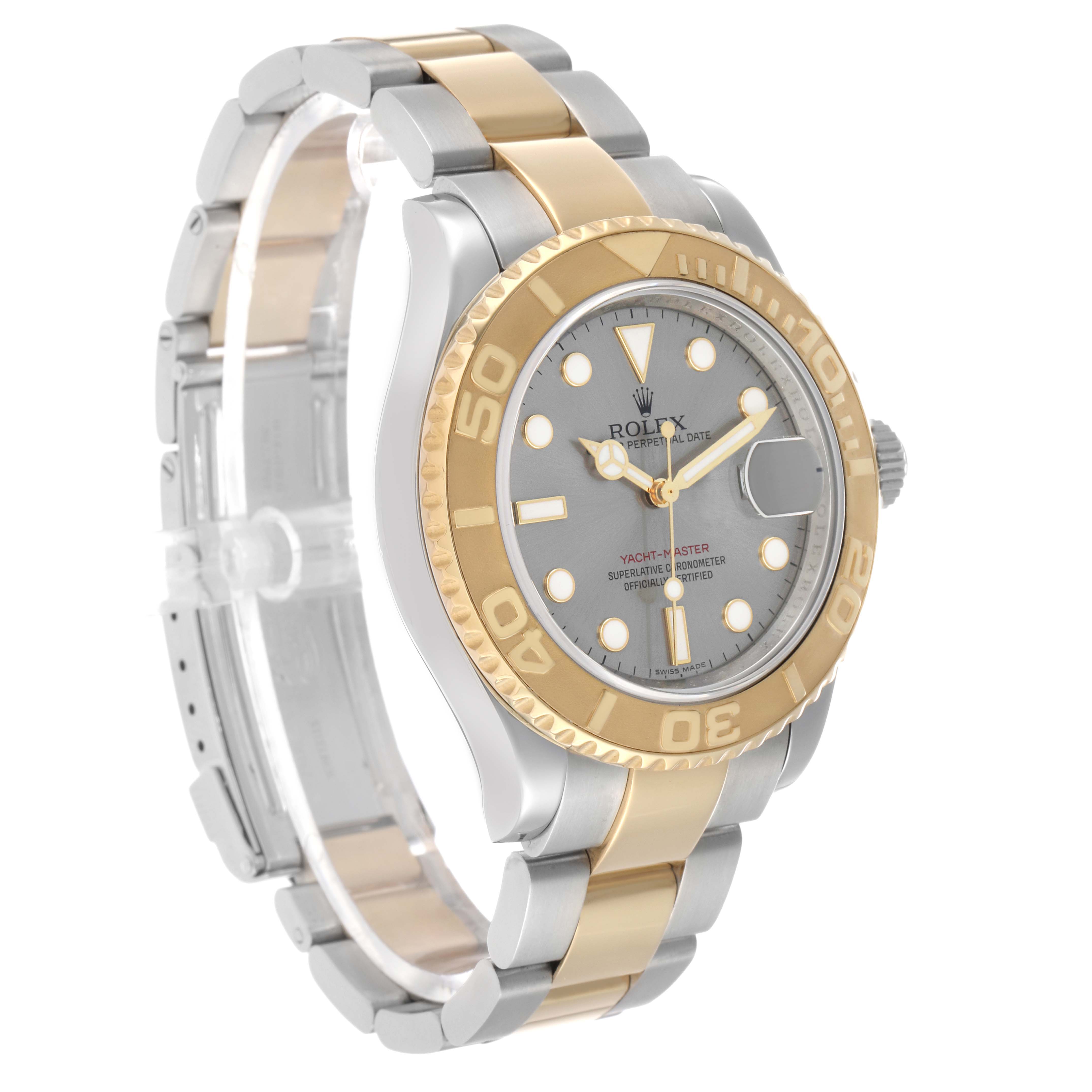 The Rolex Yacht-Master 16623 Men's Steel and Gold (two tone) Grey Dial watch is shown at a slight angle, highlighting the dial, bezel, and two-tone bracelet.