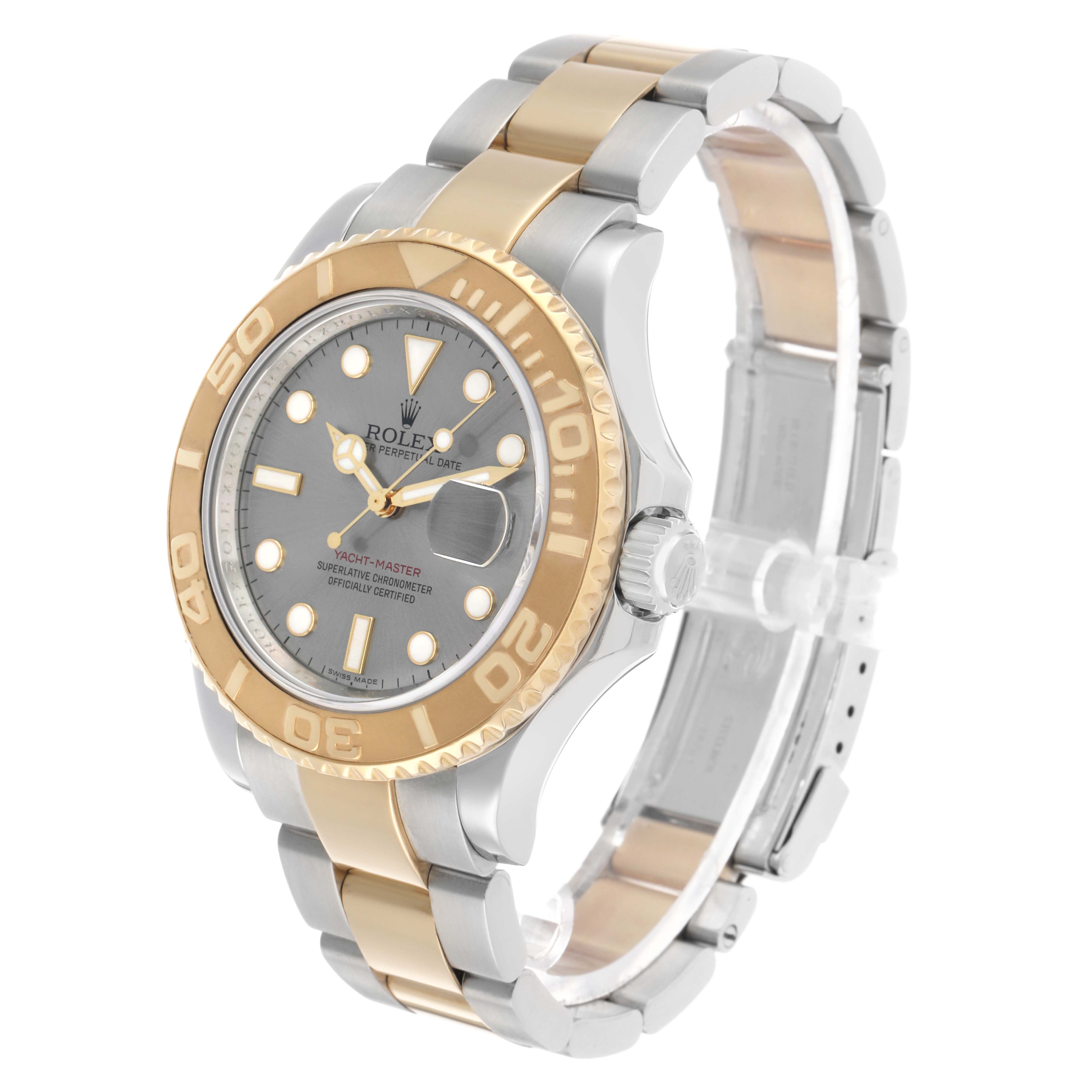 The Rolex Yacht-Master 16623 Men's Steel and Gold (two tone) Grey Dial watch is shown at a three-quarter angle, highlighting the dial, bezel, and bracelet.