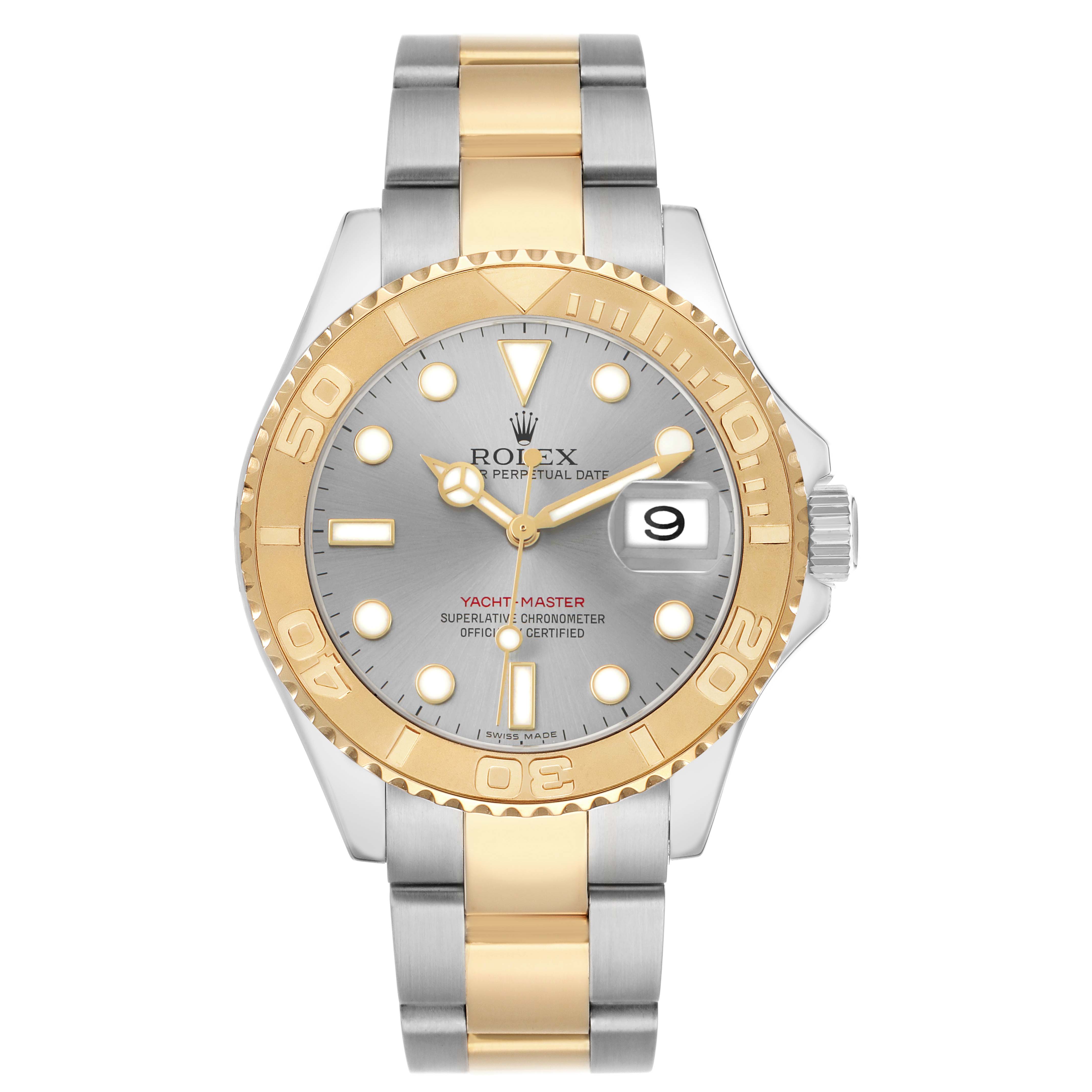 The Rolex Yacht-Master 16623 Men's Steel and Gold (two tone) Grey Dial watch is shown from the front, displaying the dial, bezel, and a two-tone bracelet.