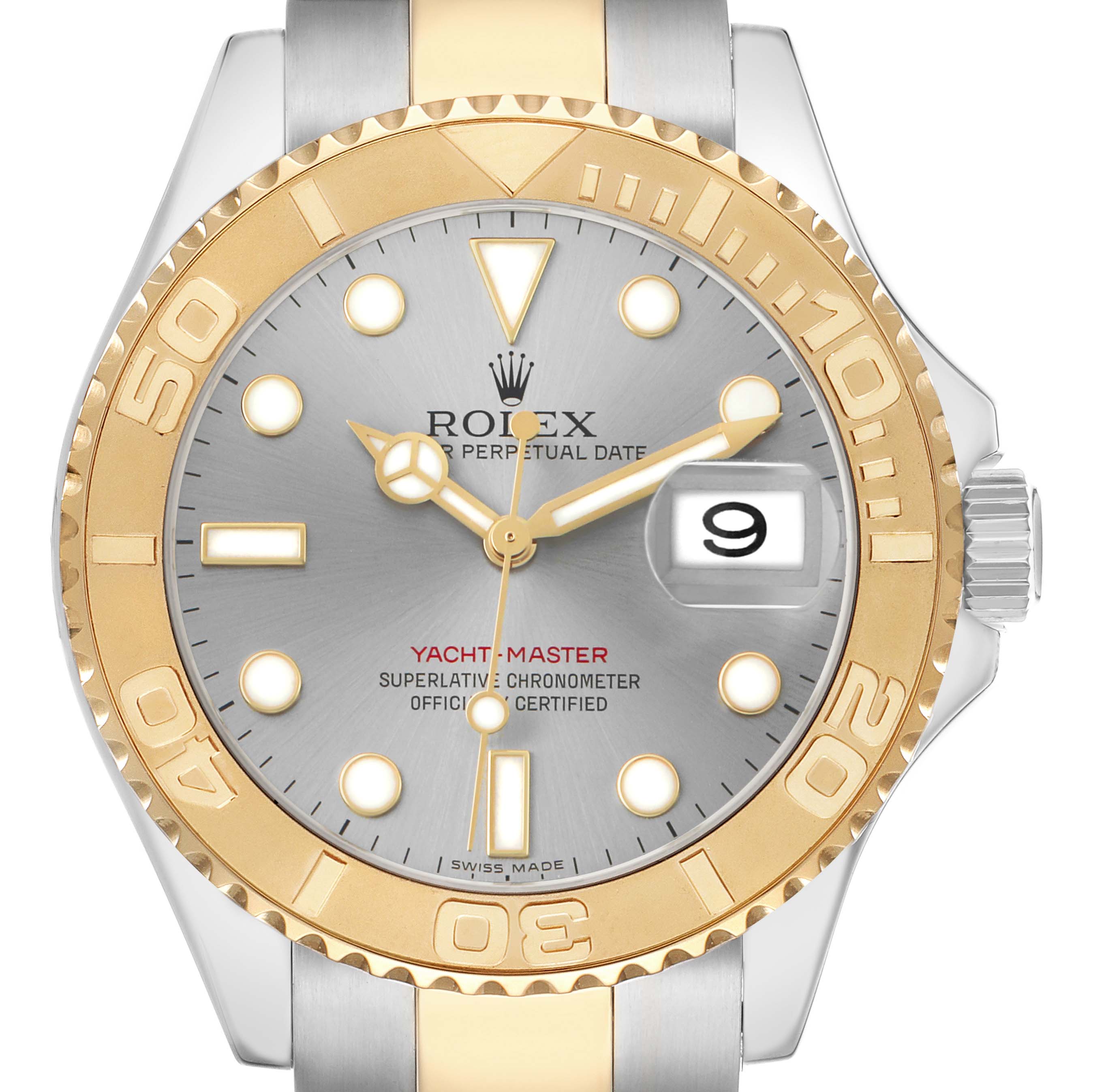 The Rolex Yacht-Master 16623 Men's Steel and Gold (two tone) Grey Dial is shown from a front angle, displaying its dial and bezel clearly.