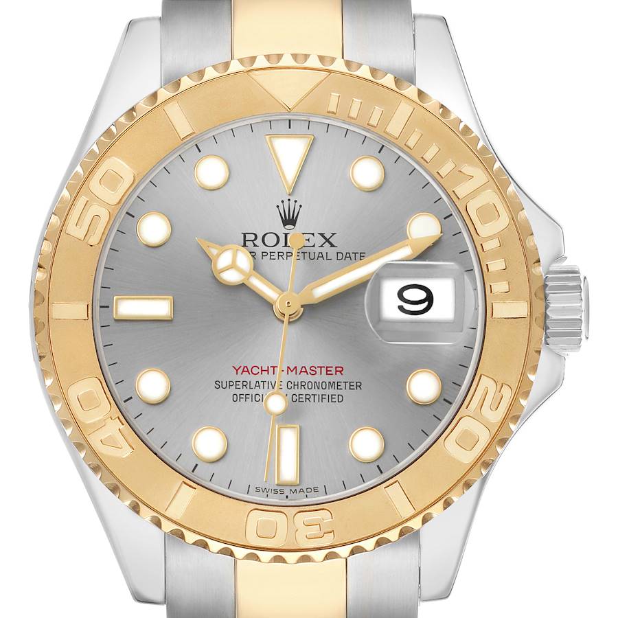 The Rolex Yacht-Master 16623 Men's Steel and Gold (two tone) Grey Dial is shown from a front angle, displaying its dial and bezel clearly.