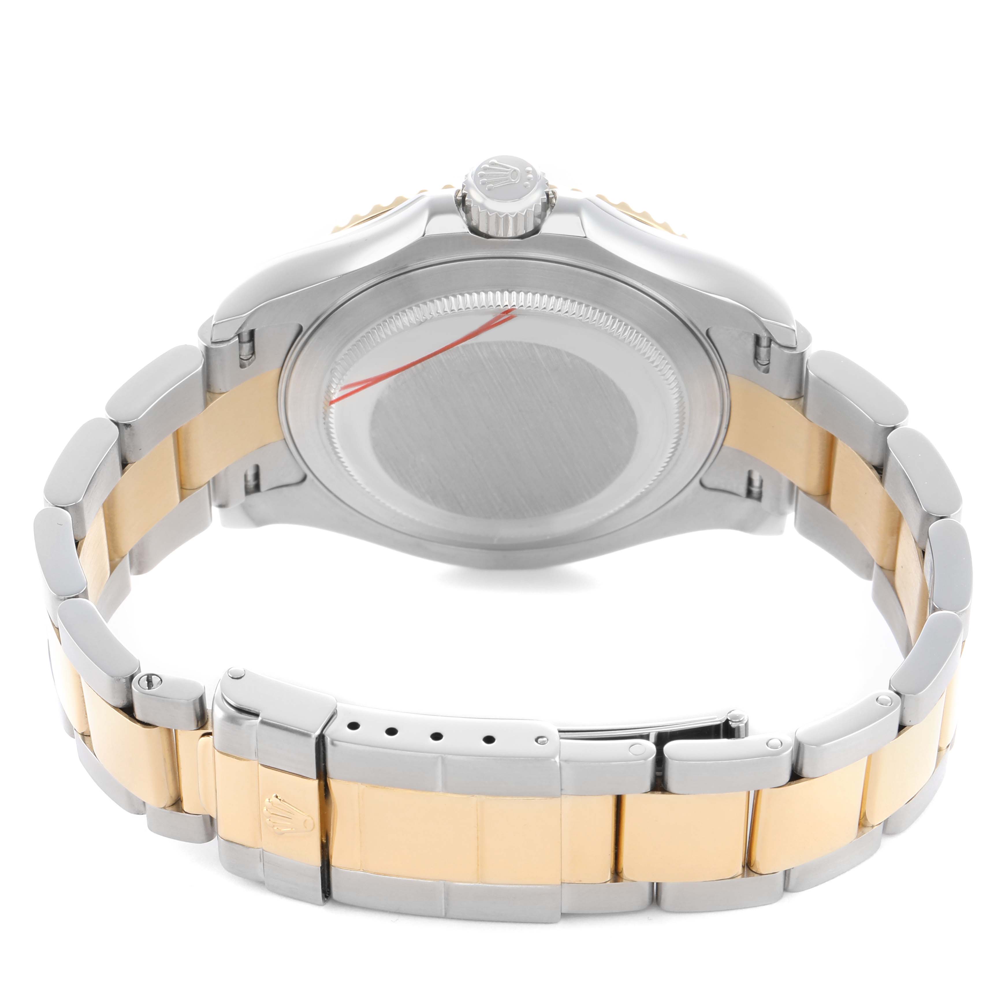 The image shows the back view of a Rolex Yacht-Master 16623 Men's Steel and Gold (two tone) Grey Dial, highlighting the case back and two-tone bracelet.