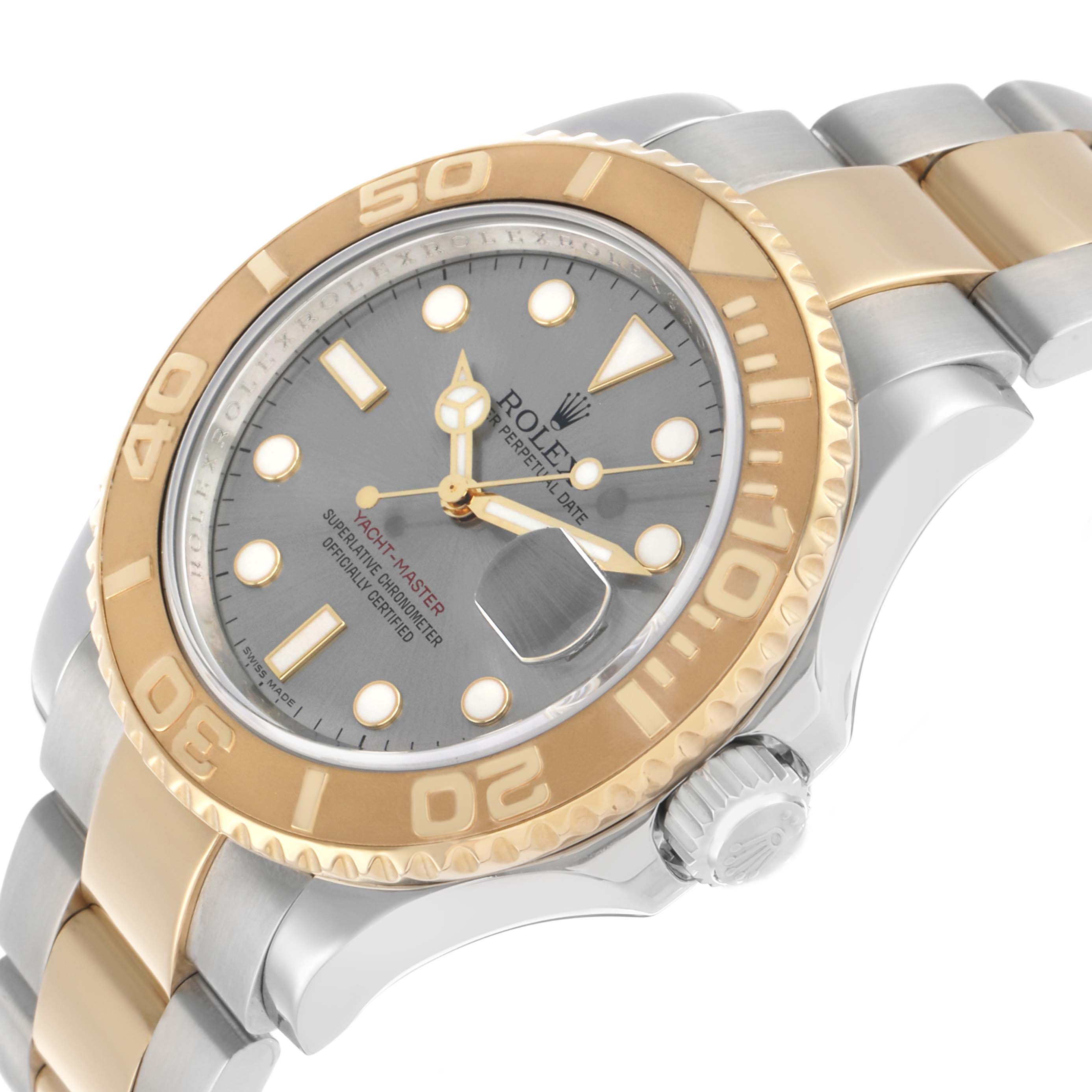 The Rolex Yacht-Master 16623 Men's Steel and Gold (two tone) Grey Dial watch is shown at an angled view, highlighting the bezel, dial, crown, and part of the bracelet.