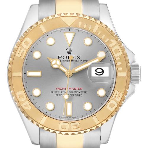 The Rolex Yacht-Master 16623 Men's Steel and Gold (two tone) Grey Dial watch is shown from a frontal angle, highlighting its gold and silver bezel, dial, and date window.