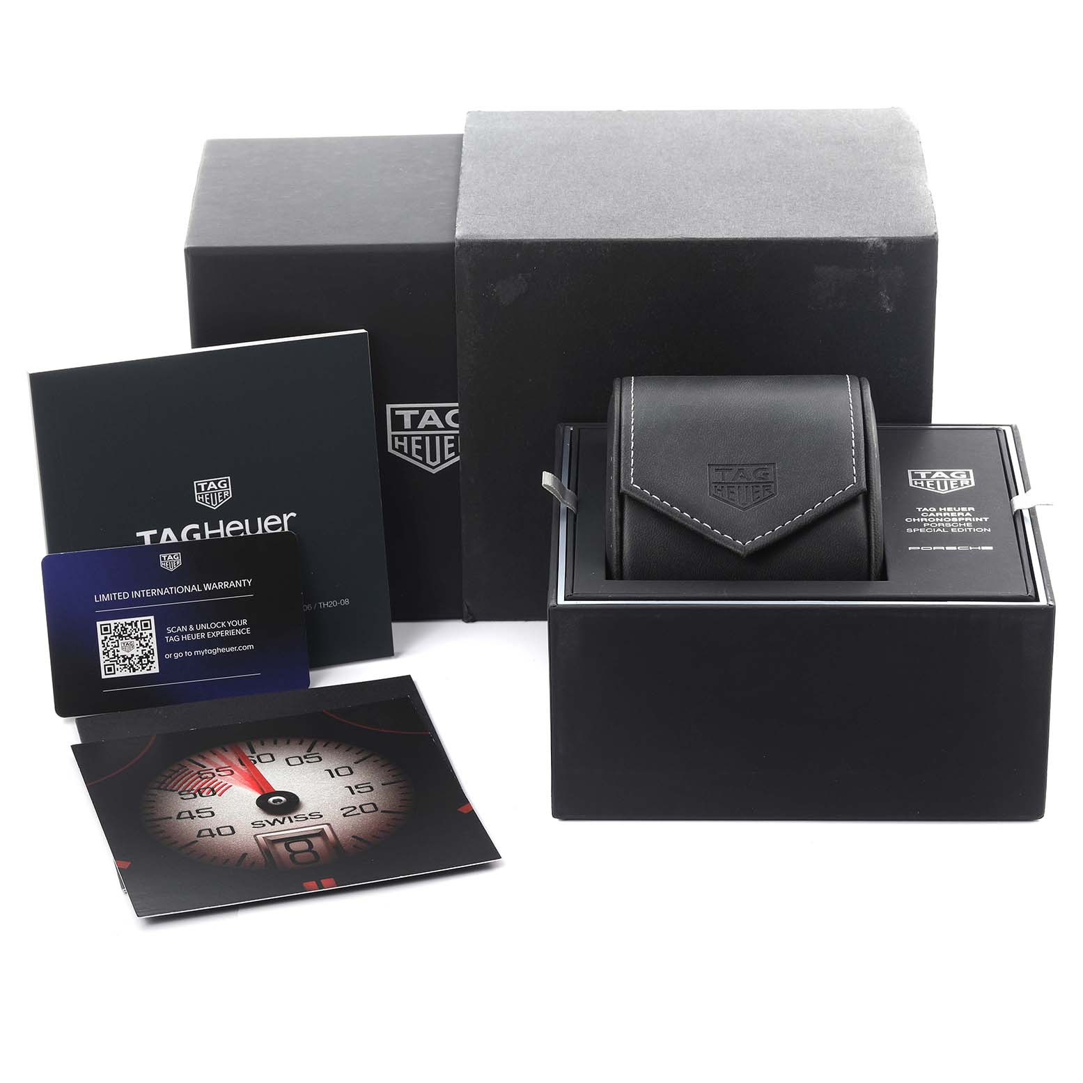 The image shows the packaging and accessories for a Tag Heuer Carrera CBS2011.FC6529 Men's Stainless Steel Silver Dial CBS2011.FC6529 Men's Stainless Steel Silver Dial watch, including the box, case, and warranty card.