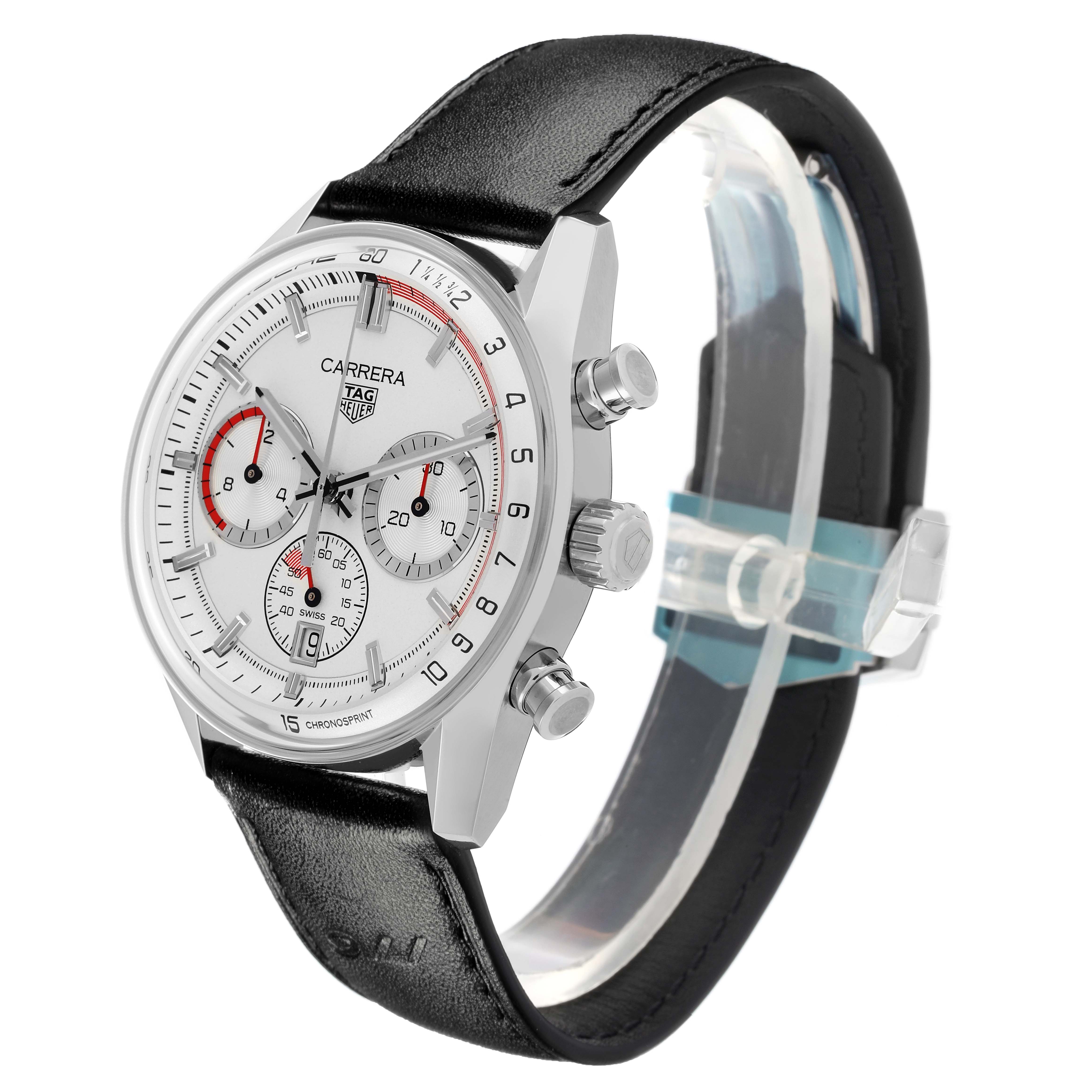 The image shows the Tag Heuer Carrera CBS2011.FC6529 Men's Stainless Steel Silver Dial CBS2011.FC6529 Men's Stainless Steel Silver Dial watch at a three-quarter angle, highlighting the dial, bezel, and leather strap.