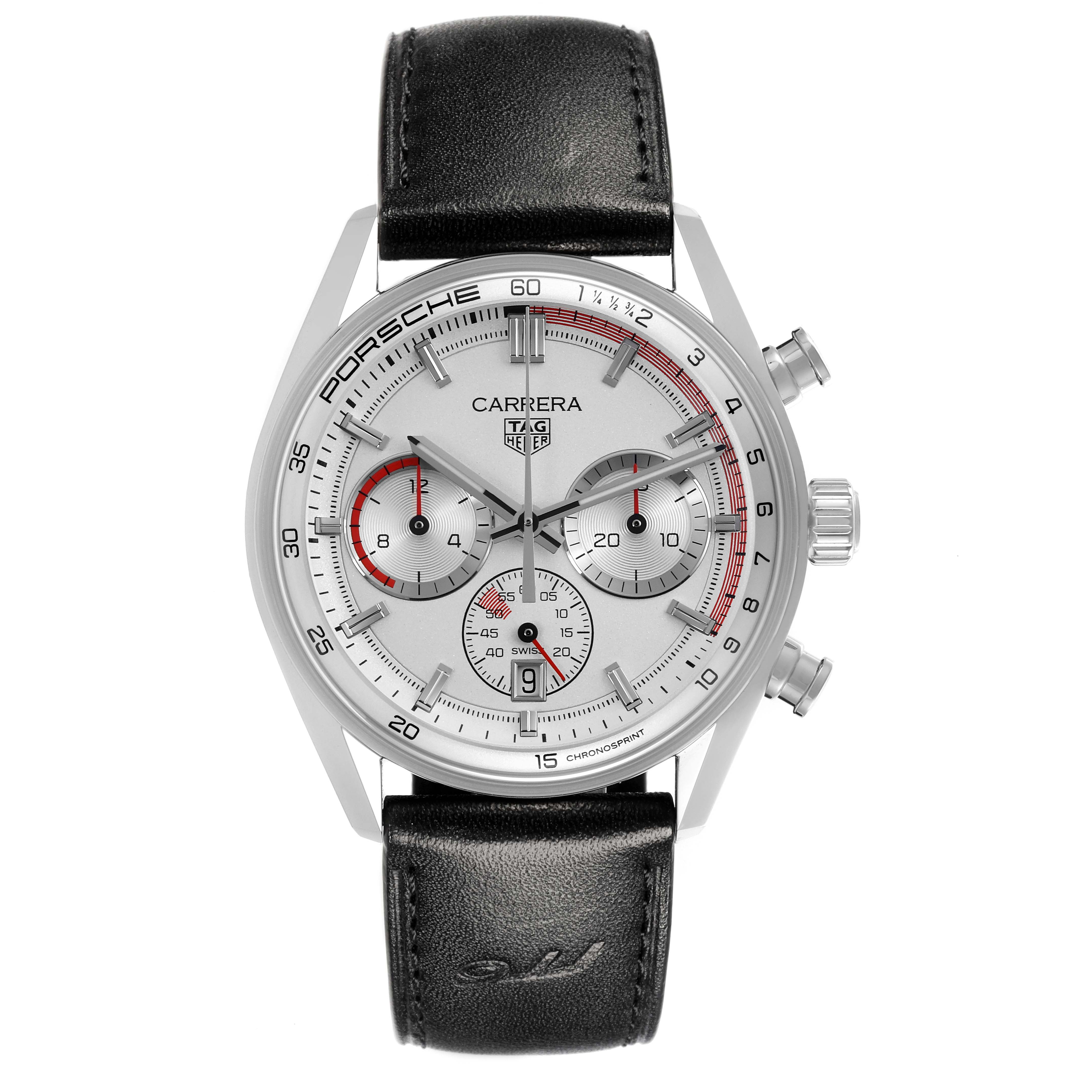 The Tag Heuer Carrera CBS2011.FC6529 Men's Stainless Steel Silver Dial CBS2011.FC6529 Men's Stainless Steel Silver Dial watch is shown from a front angle, displaying the dial, chronograph subdials, and leather strap.