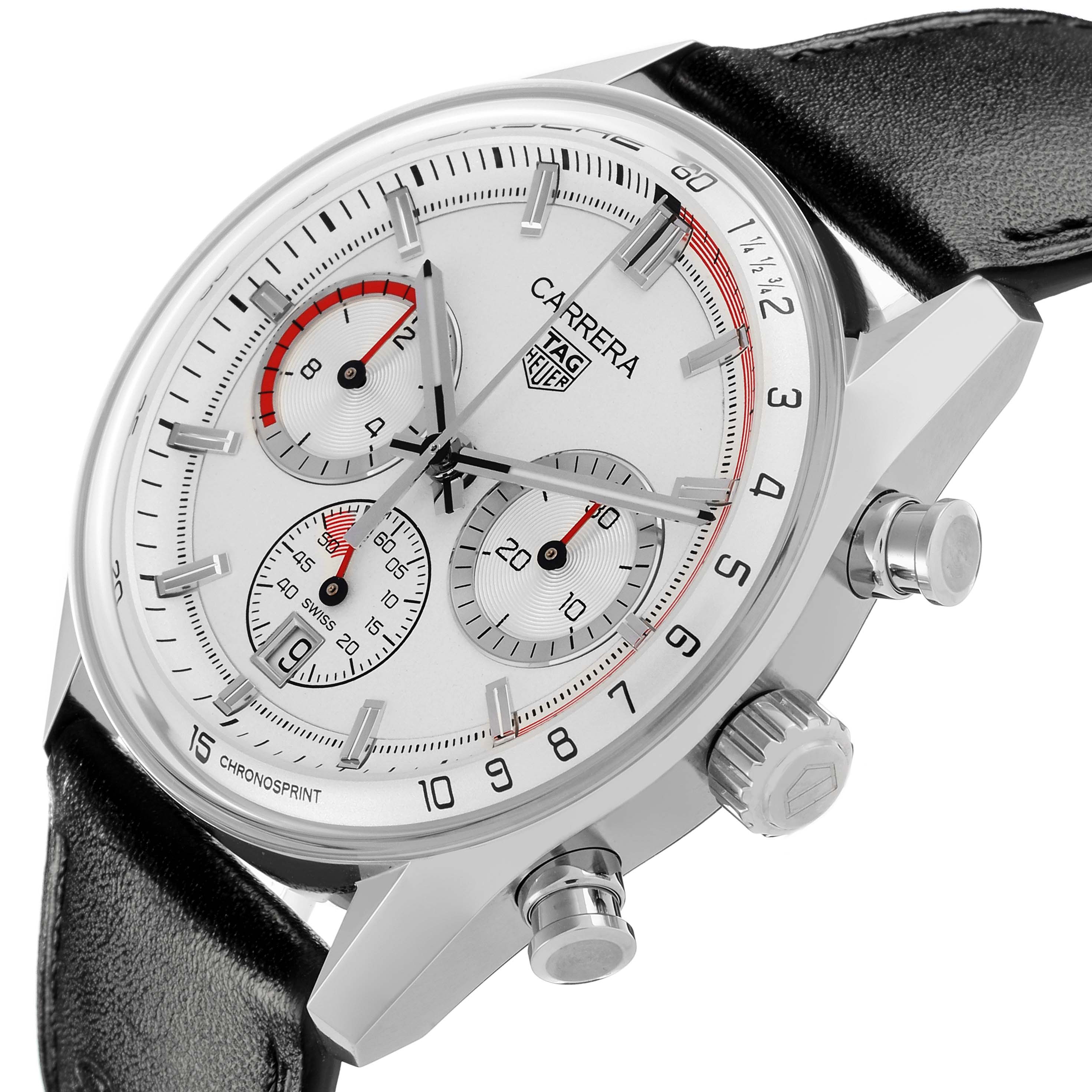 The image shows a side-angle view of the Tag Heuer Carrera CBS2011.FC6529 Men's Stainless Steel Silver Dial CBS2011.FC6529 Men's Stainless Steel Silver Dial watch face, case, and pushers.