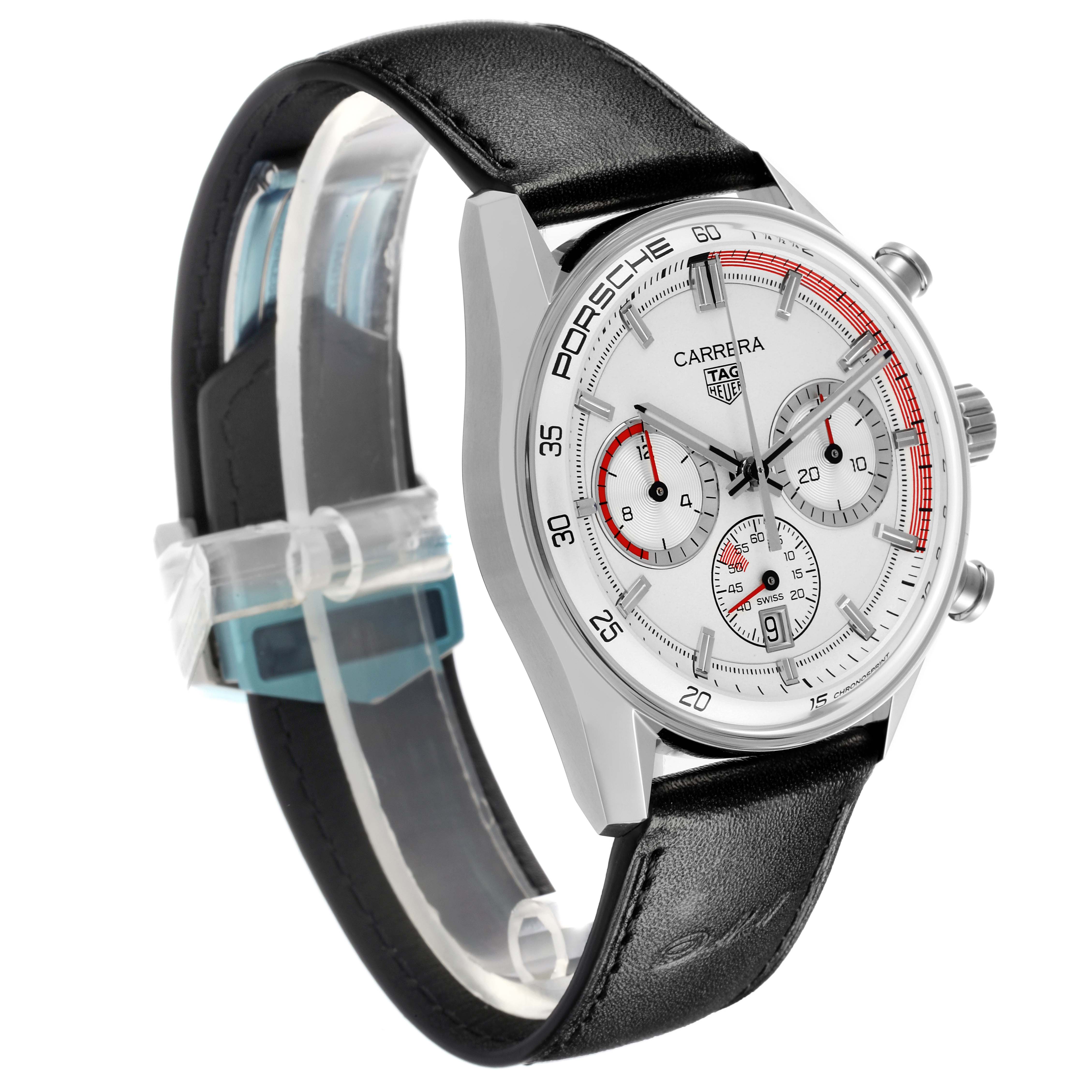 The Tag Heuer Carrera CBS2011.FC6529 Men's Stainless Steel Silver Dial CBS2011.FC6529 Men's Stainless Steel Silver Dial watch is shown at an oblique angle, displaying the face, chronograph dials, and leather strap.