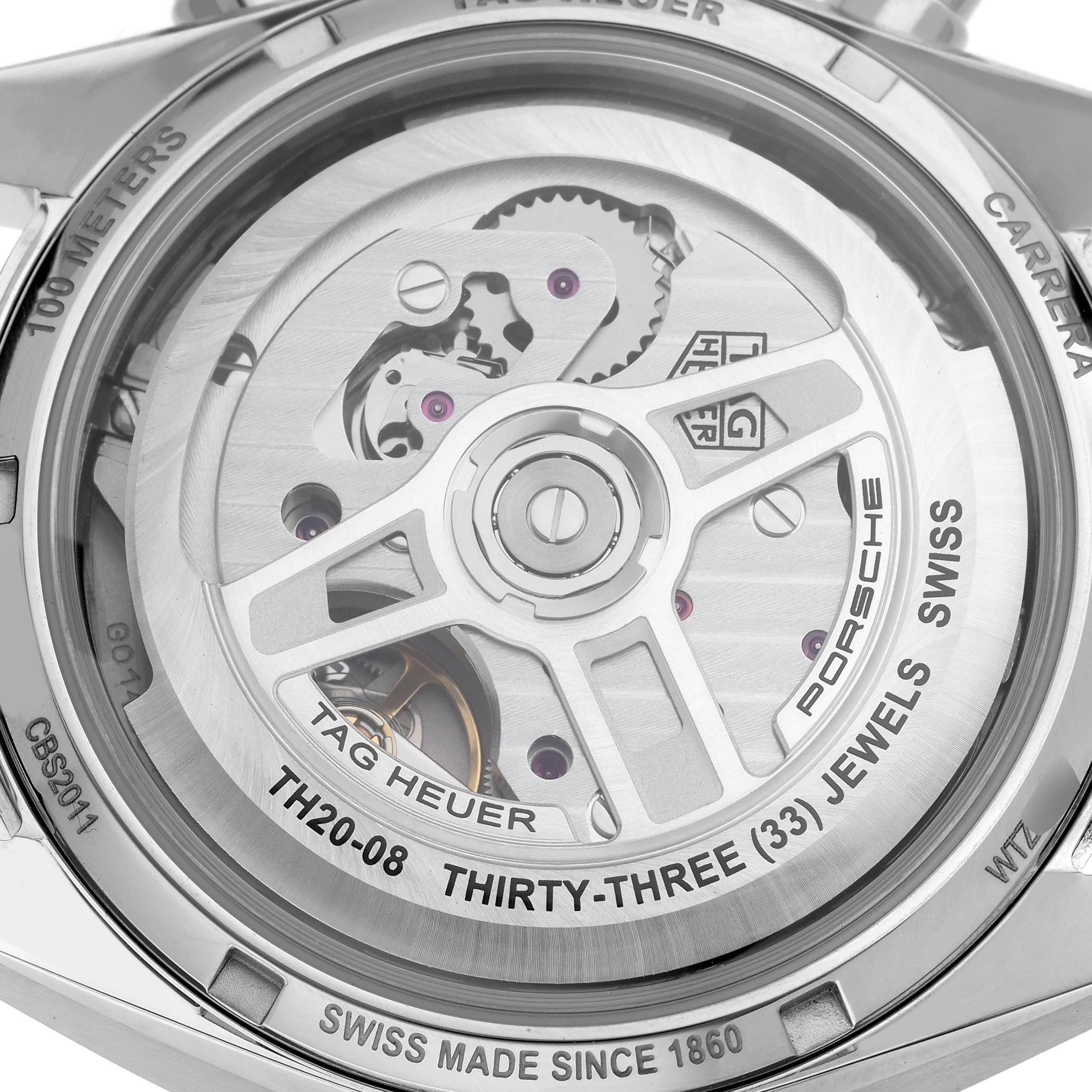 The image shows the back of a Tag Heuer Carrera CBS2011.FC6529 Men's Stainless Steel Silver Dial CBS2011.FC6529 Men's Stainless Steel Silver Dial watch, highlighting its movement and inscriptions.