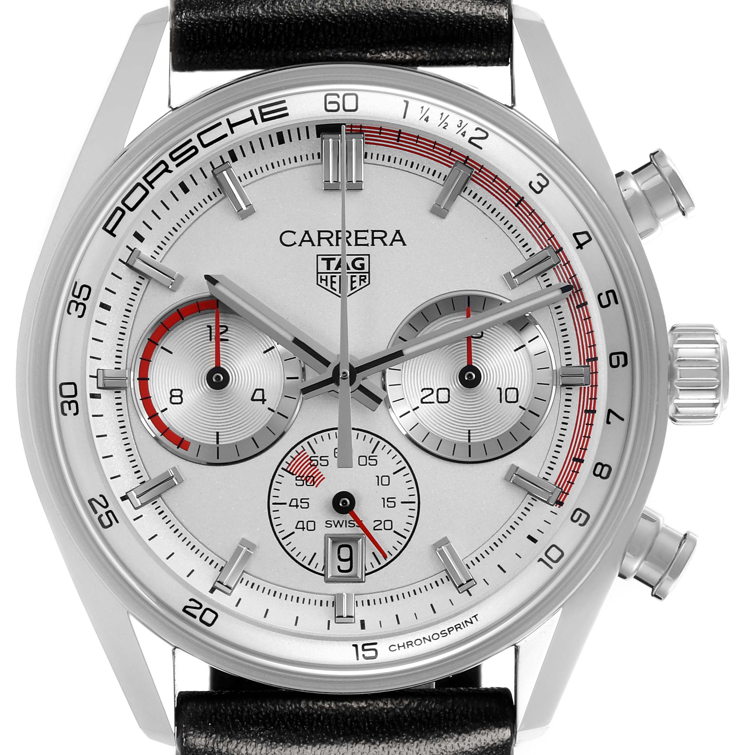 The Tag Heuer Carrera CBS2011.FC6529 Men's Stainless Steel Silver Dial CBS2011.FC6529 Men's Stainless Steel Silver Dial watch is shown from the front, highlighting its face, chronograph dials, and side crown.