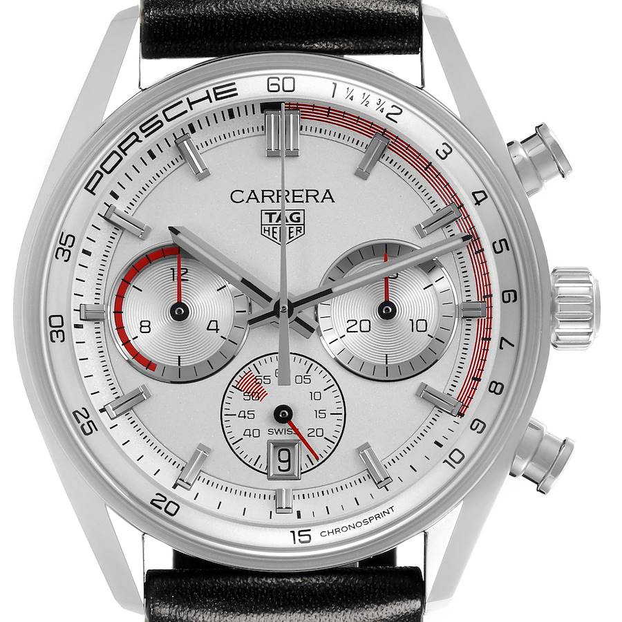 The Tag Heuer Carrera watch is shown from the front, highlighting its face, chronograph dials, and side crown.