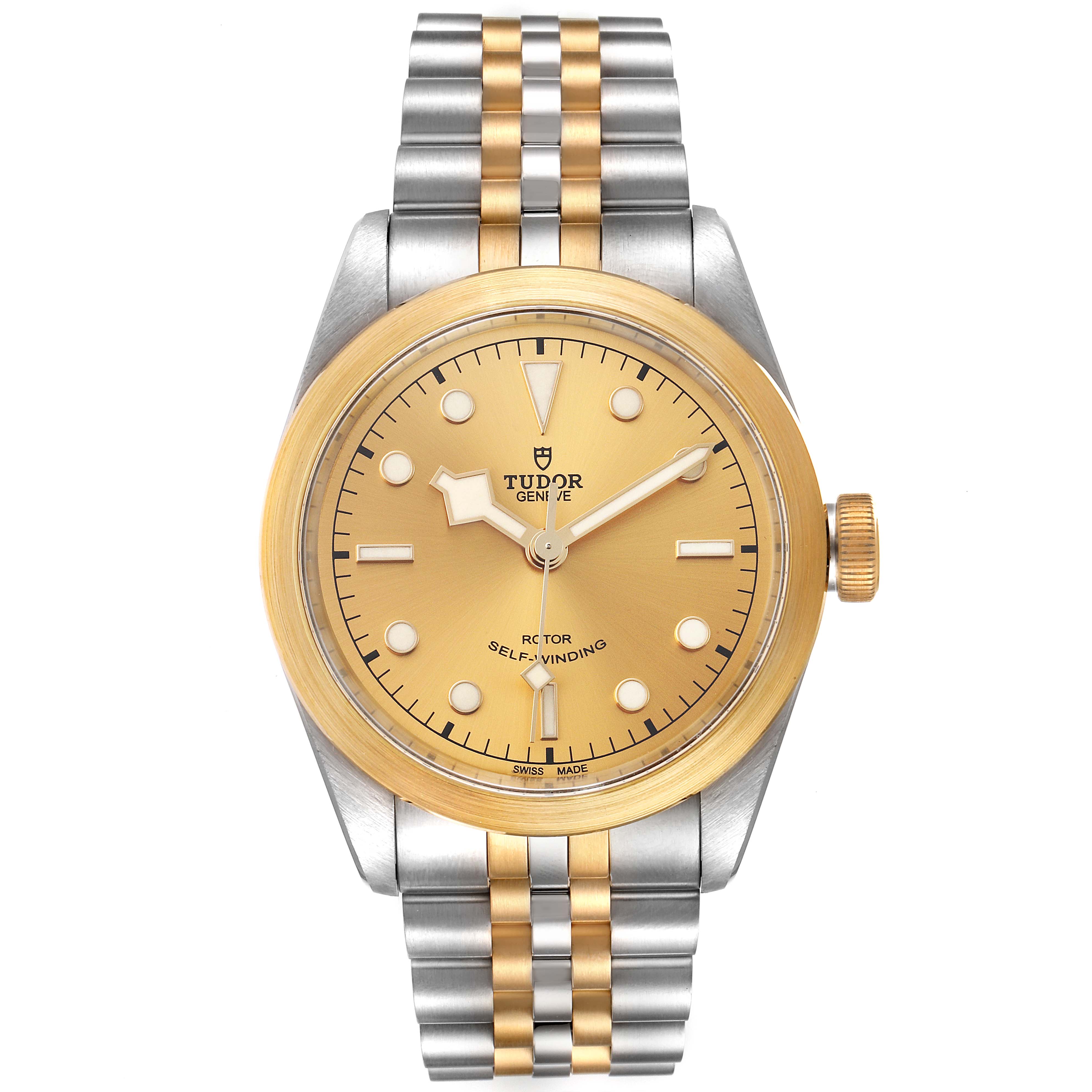 The Tudor Heritage Black Bay 79543 Men's Steel and Gold (two tone) Champagne Dial 79543 Men's Steel and Gold (two tone) Champagne Dial watch is shown from a front angle displaying its face, bezel, crown, and bracelet.