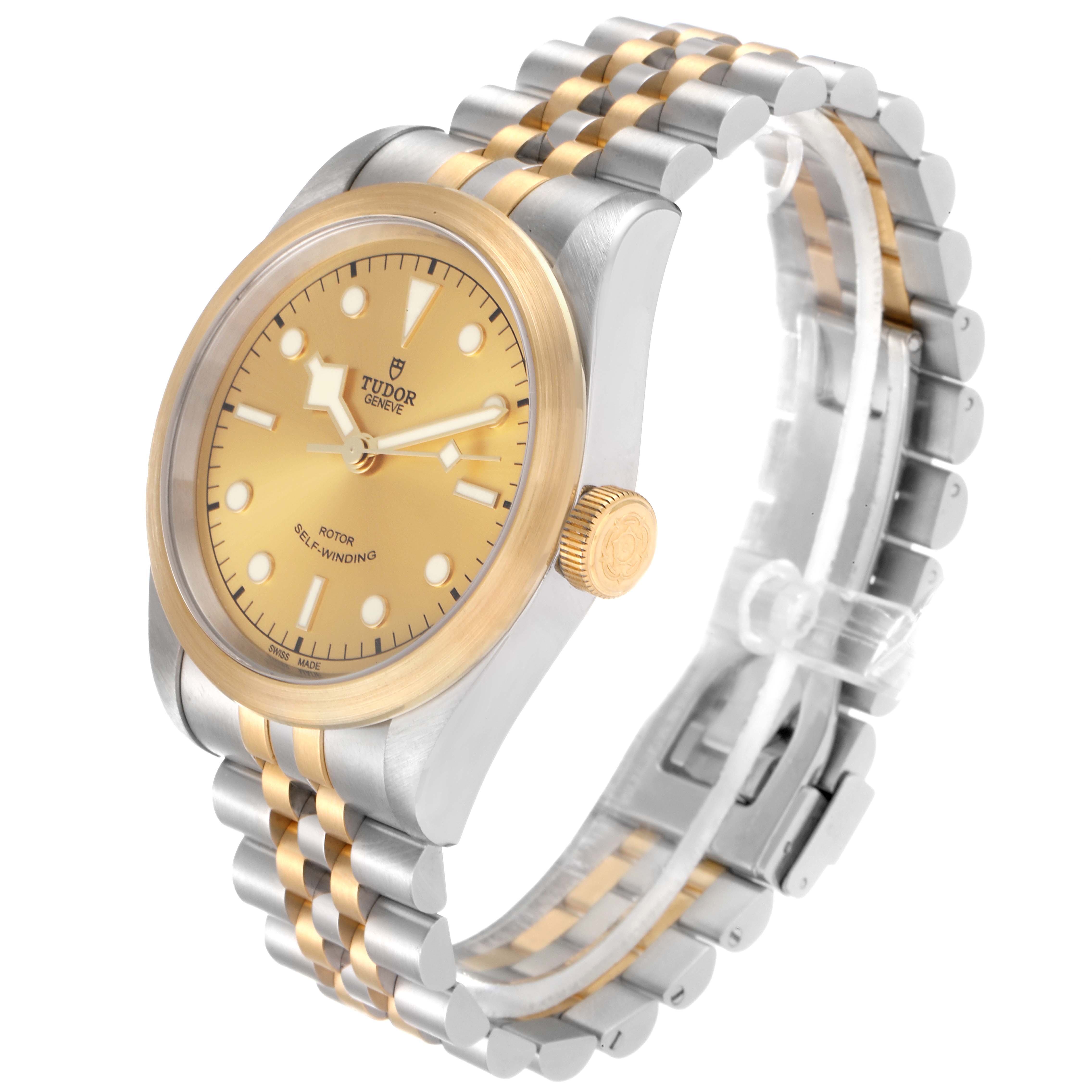 The Tudor Heritage Black Bay 79543 Men's Steel and Gold (two tone) Champagne Dial 79543 Men's Steel and Gold (two tone) Champagne Dial watch is shown from an angled view highlighting its face, bezel, crown, and bracelet.