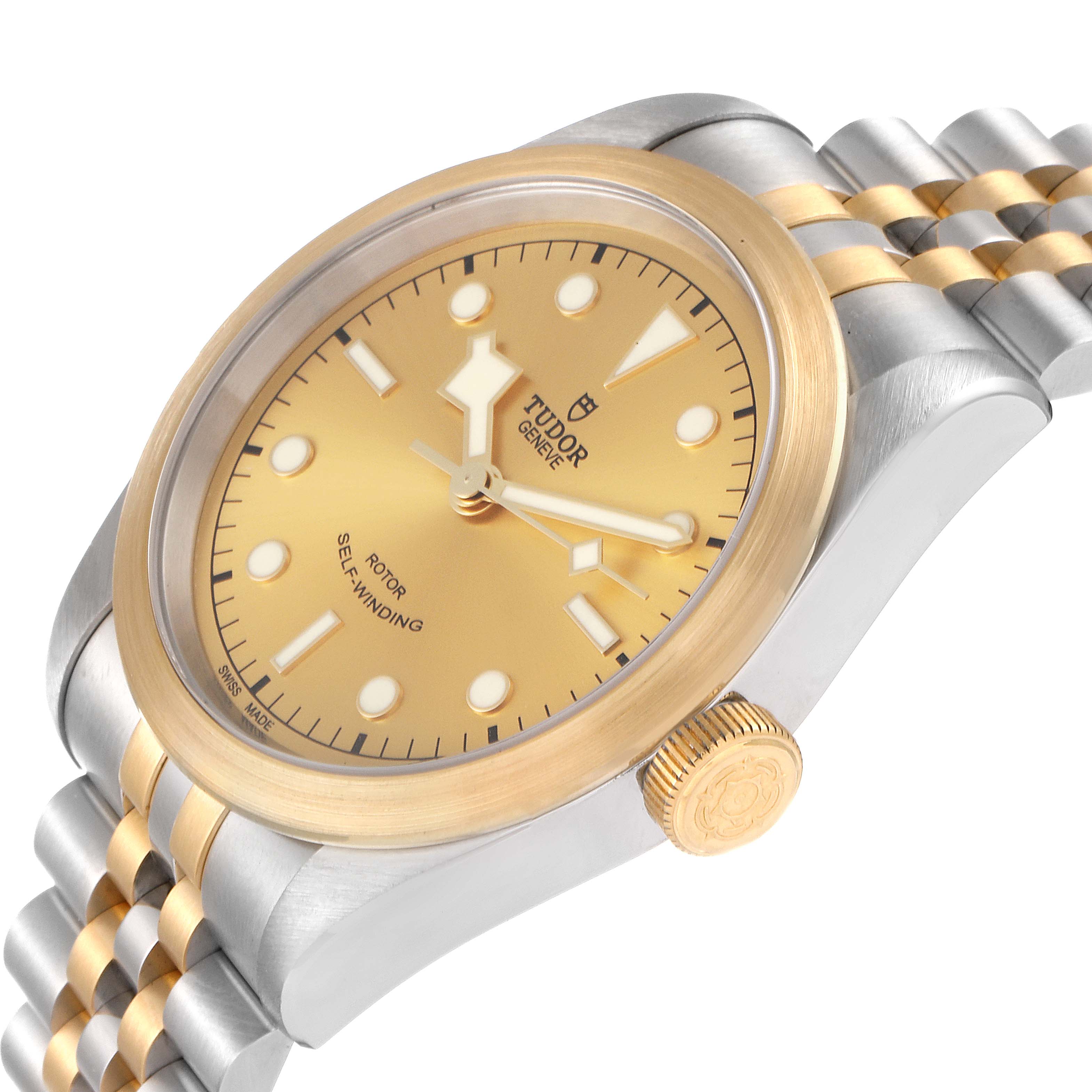 The image shows a Tudor Heritage Black Bay 79543 Men's Steel and Gold (two tone) Champagne Dial 79543 Men's Steel and Gold (two tone) Champagne Dial watch at an angle, highlighting the dial, case, crown, and part of the bracelet.