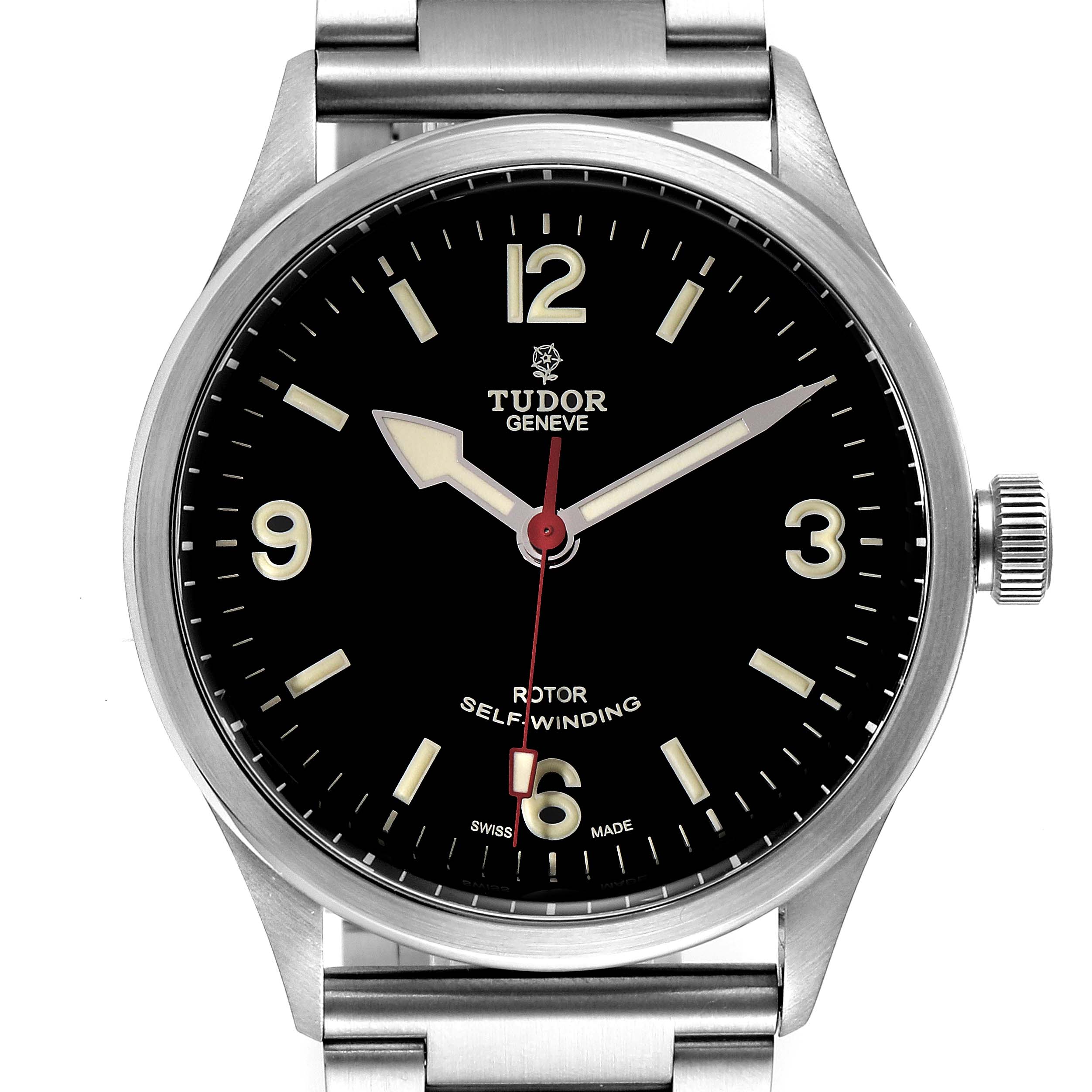 The image shows a front angle view of the Tudor Heritage Ranger 79910 Men's Stainless Steel Black Dial 79910 Men's Stainless Steel Black Dial watch, displaying its dial, hands, and stainless steel bracelet.
