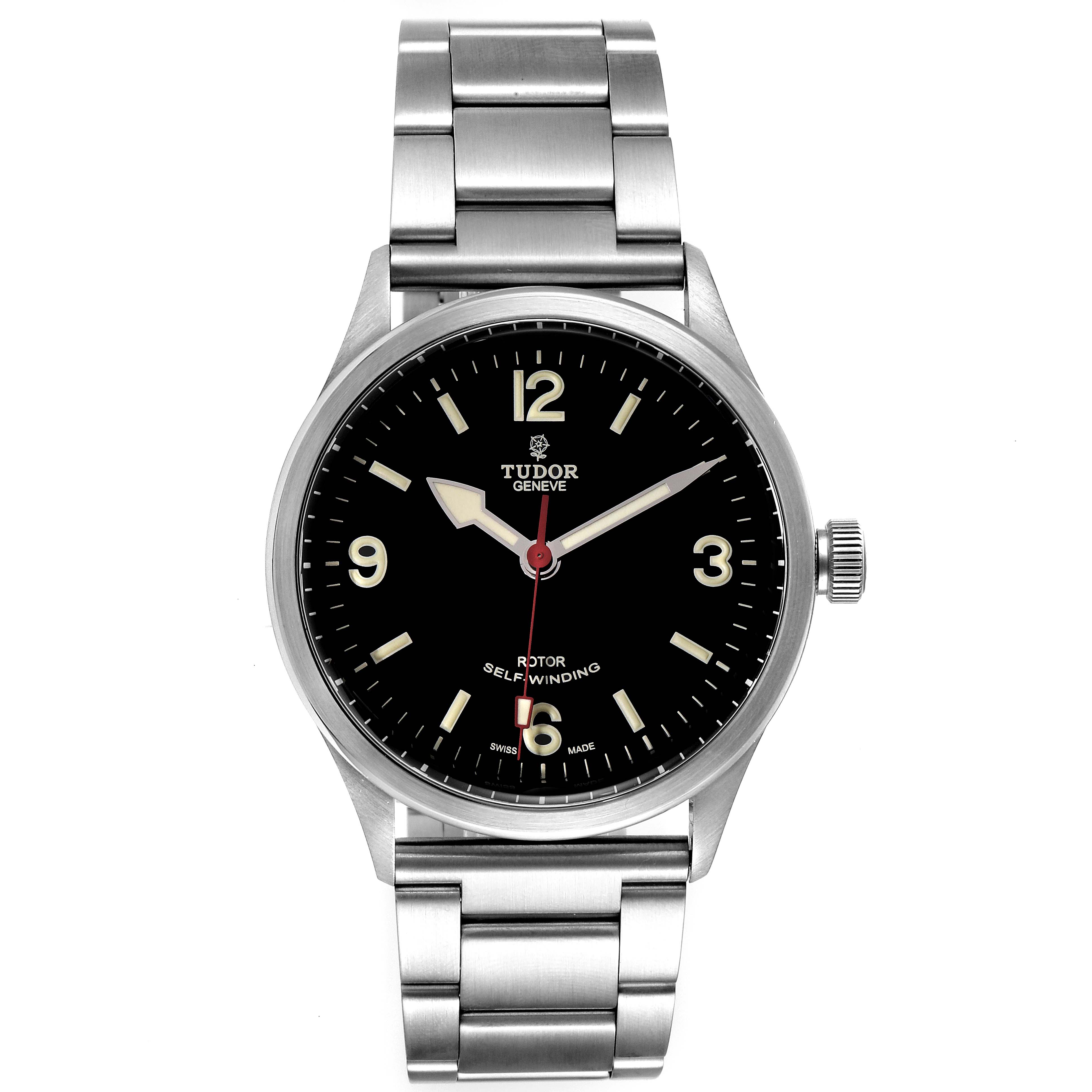 This image shows a front view of the Tudor Heritage Ranger 79910 Men's Stainless Steel Black Dial 79910 Men's Stainless Steel Black Dial watch, displaying the dial, bezel, crown, and metal bracelet.