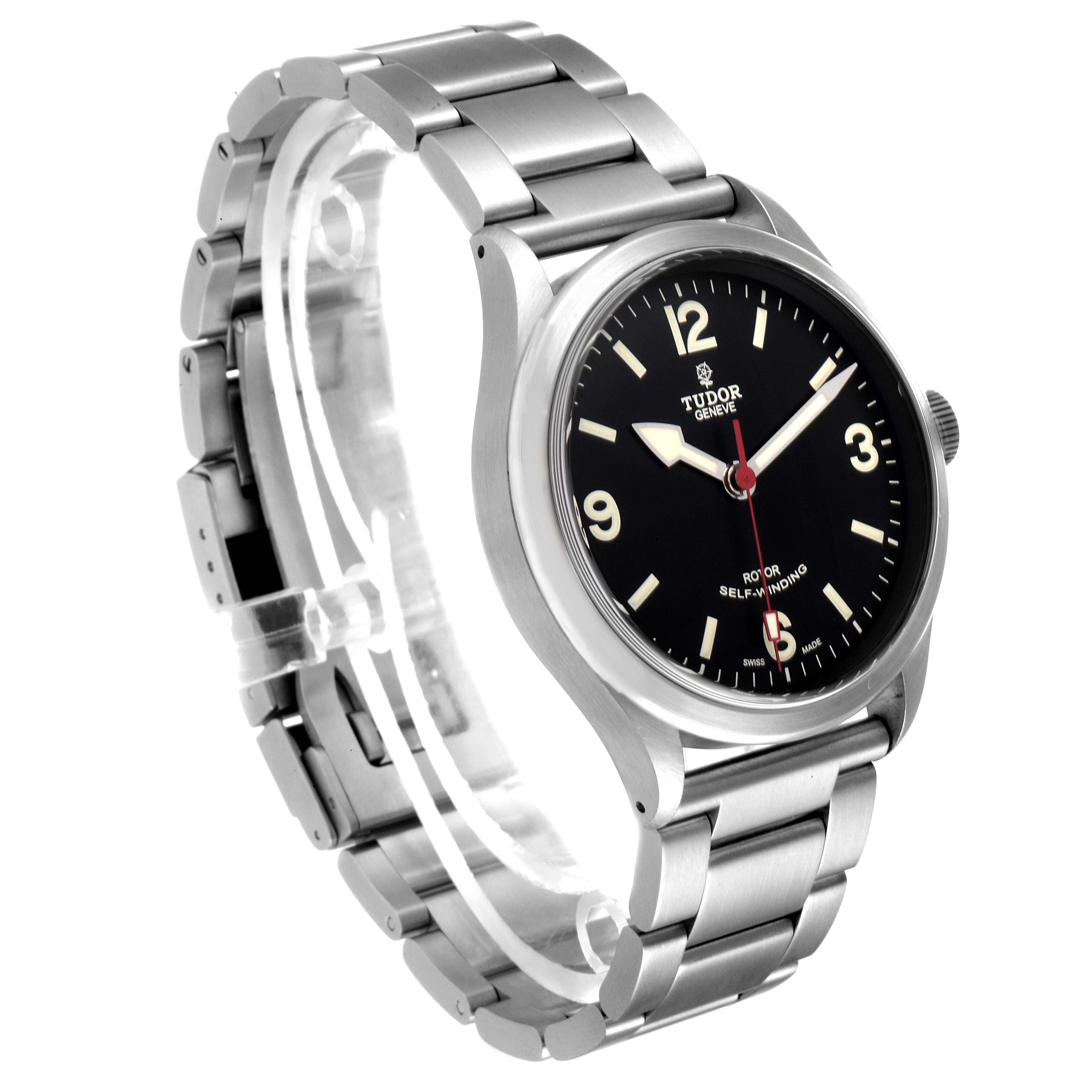 This is a Tudor Heritage Ranger 79910 Men's Stainless Steel Black Dial 79910 Men's Stainless Steel Black Dial watch shown at a slight angle, highlighting the dial, case, crown, and bracelet.