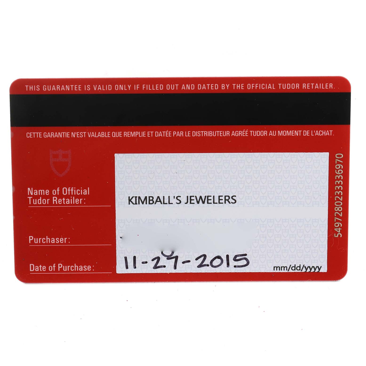 This image shows a warranty card for the Tudor Heritage Ranger 79910 Men's Stainless Steel Black Dial 79910 Men's Stainless Steel Black Dial watch model.