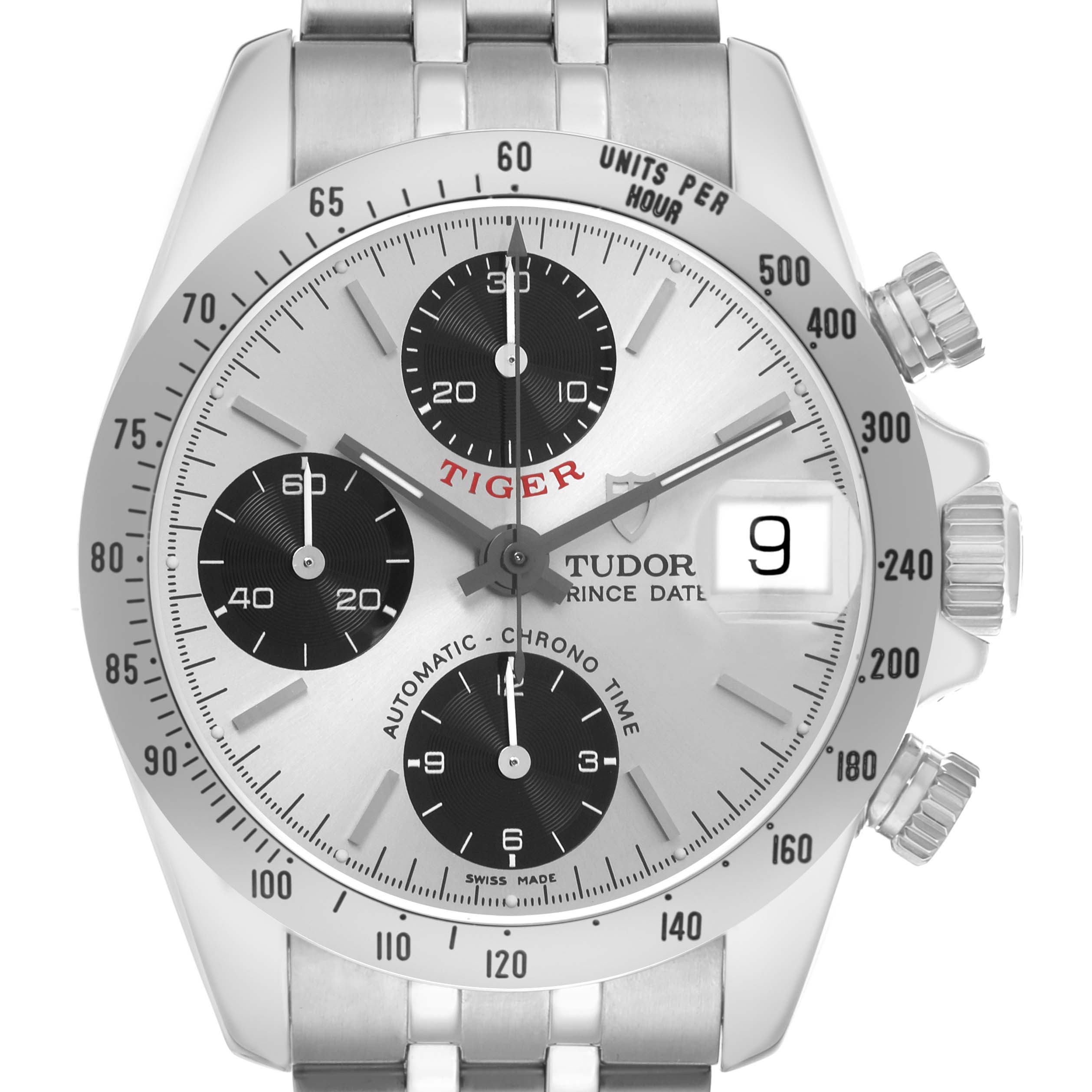 The Tudor Prince 79280 Men's Stainless Steel Silver Dial watch is shown from the front, highlighting the dial, chronograph sub-dials, and crown.